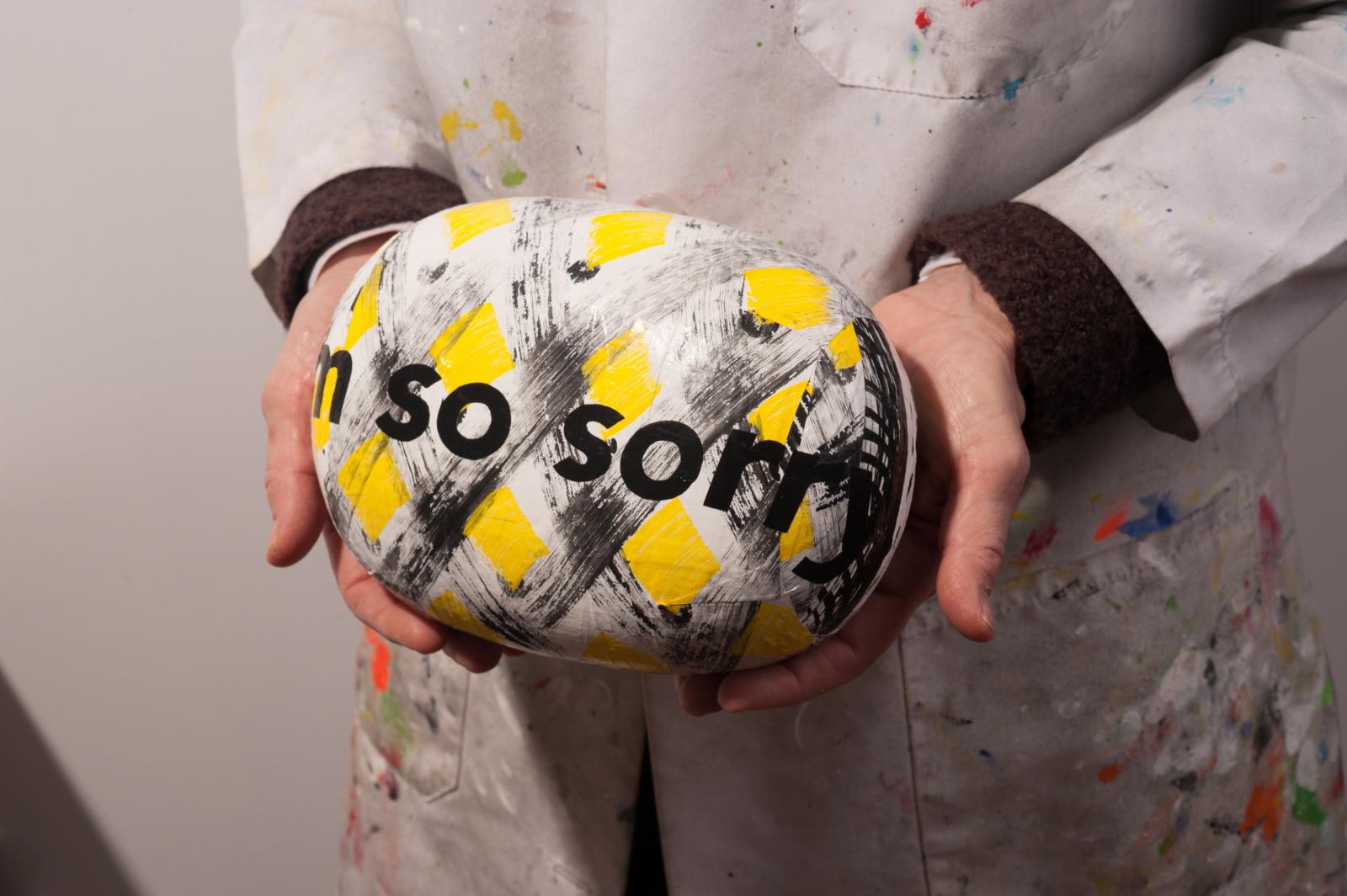 This is studio photo of a 3D piece that is about 8" x 6" x 4".  It is made of foam covered with paper mache and acrylic paint.
