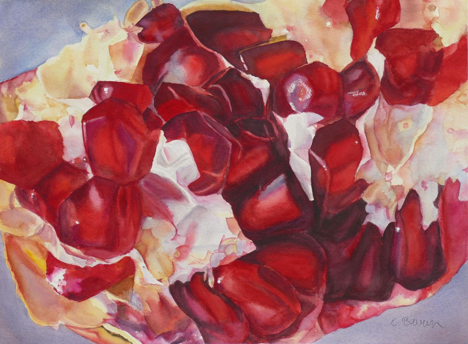 Watercolor painting of open, partially eaten pomegranate