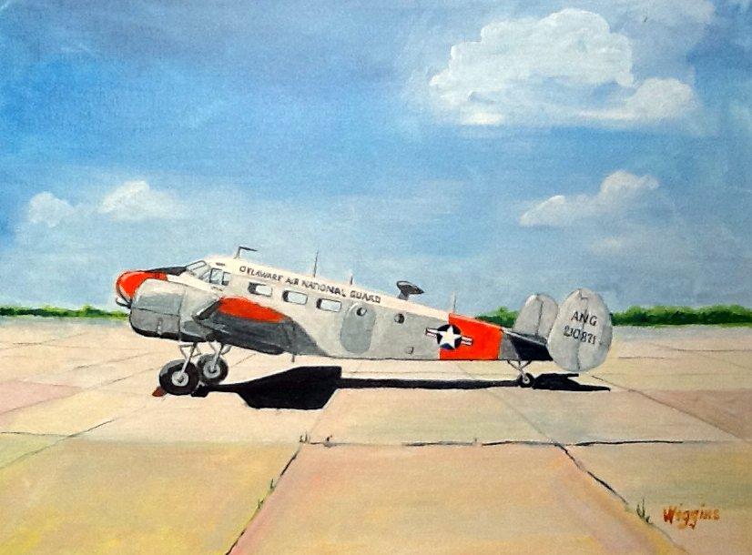 An airplane portrait of the Beechcraft C-45 transport plane used by the Delaware Air National Guard in the 1950s.