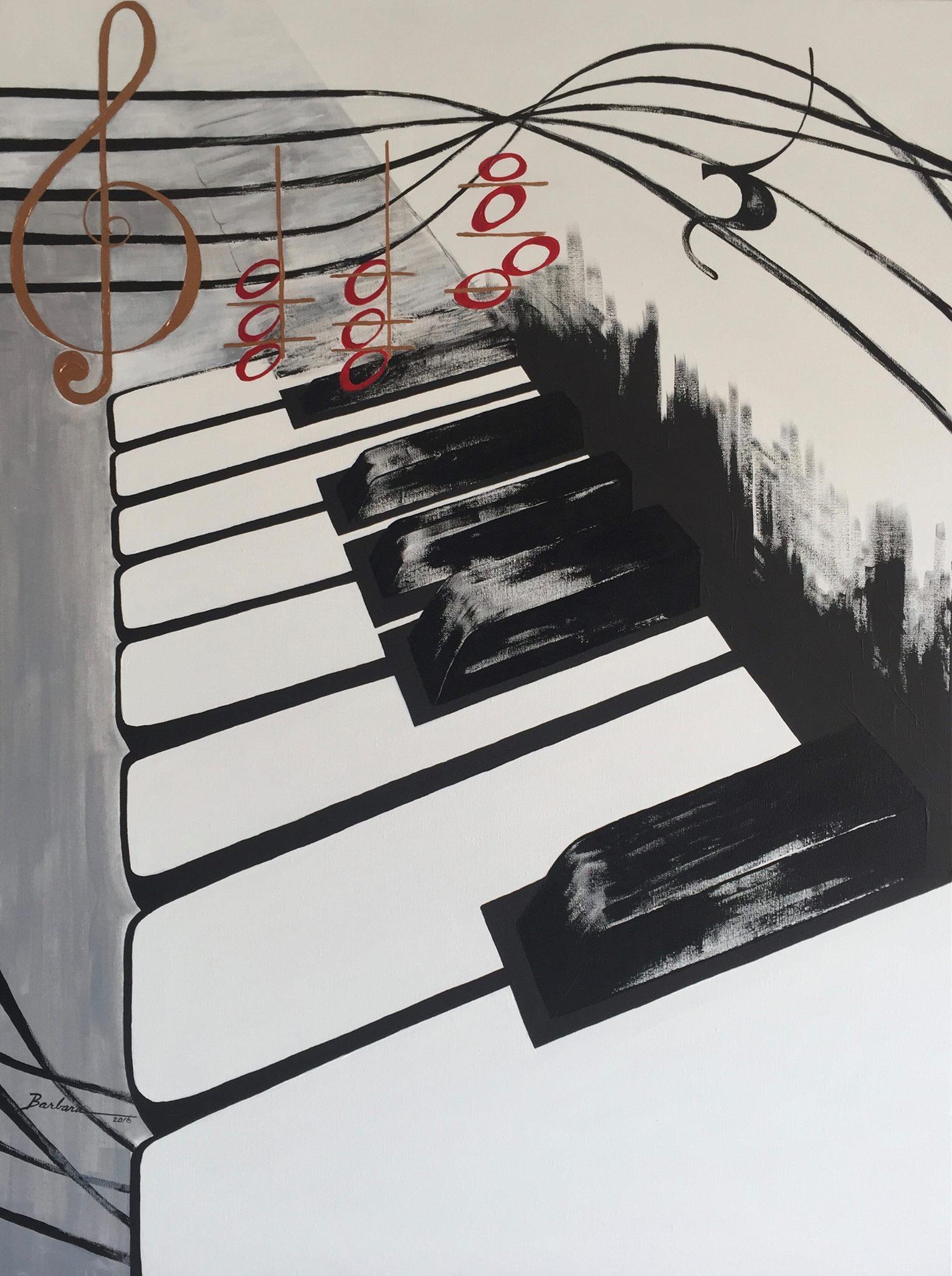 The piano often has two rolls in jazz music; it will introduce the other instruments and the singer. A simple section of the keyboard was painted large and crisp to mirror the distinct sound a piano makes.