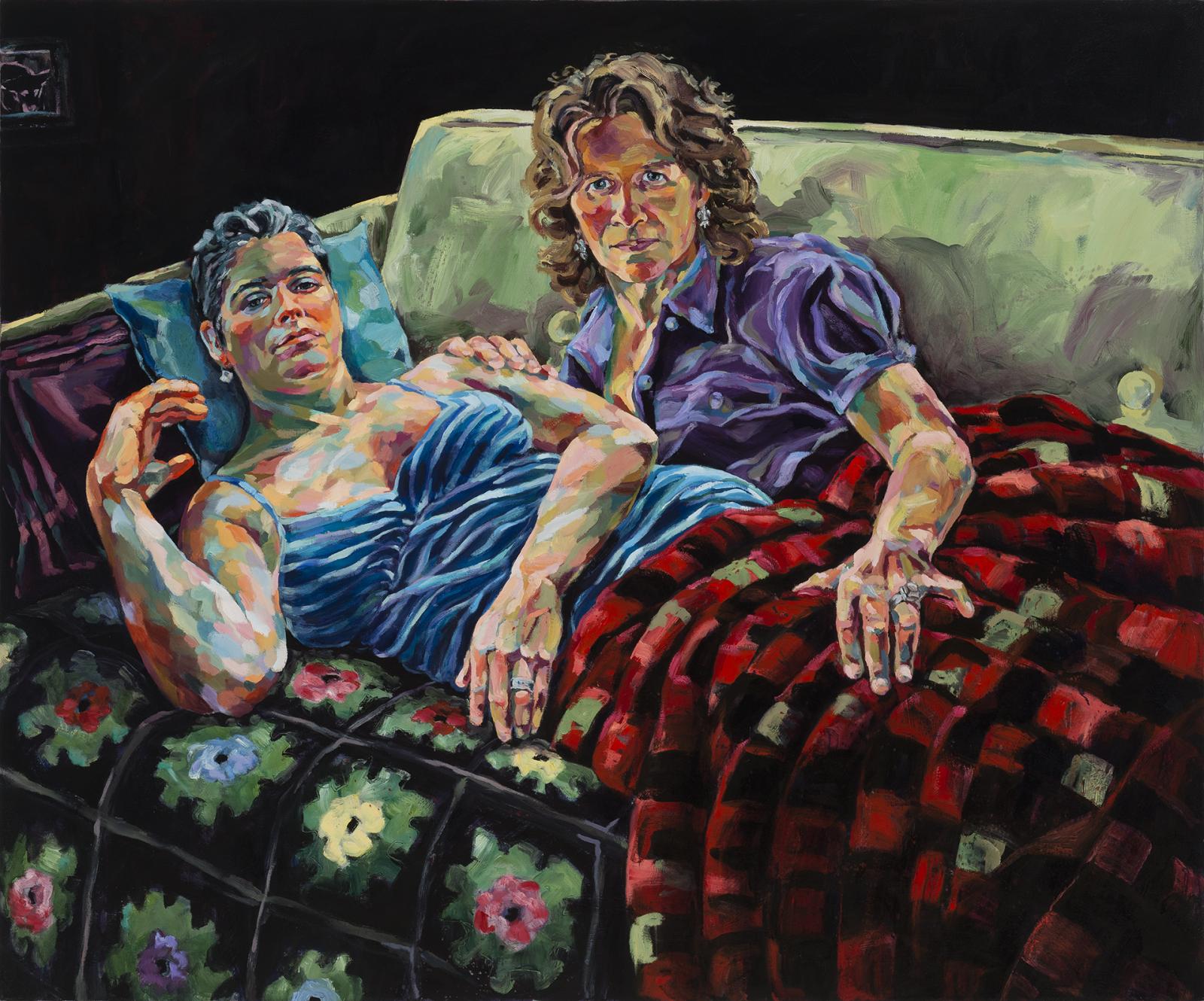 Historically, society has ignored the notion of the very existence of lesbian couples. Images of female couples in both painting and photography have been repressed, hidden, or explained only as erotic material for the male gaze. I draw on my own life with my partner of 20 years, as well as on the intimate lives of lesbian couples in my community — building visual narratives that champion these undeniably intense, complex, celebratory, and still-taboo relationships between women. This is a self-portrait of my wife and I in our home in an intimate moment. It both welcomes and challenges viewers while empowering the queer perspective.