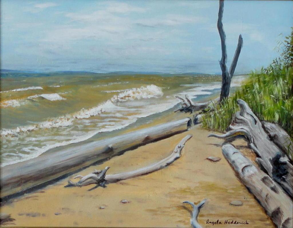 Calvert Cliffs State Park is a beautiful area on the Chesapeake Bay. There are woods, creeks, wetlands, the eponymous cliffs, and a gorgeous beach for fossil hunting. This painting is a serene reminder of my visit there on a hot summer day.