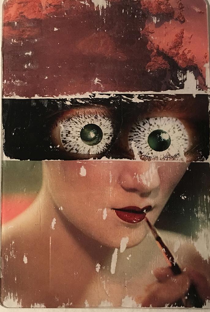 woman applying lipstick. She has big eyes and strange head