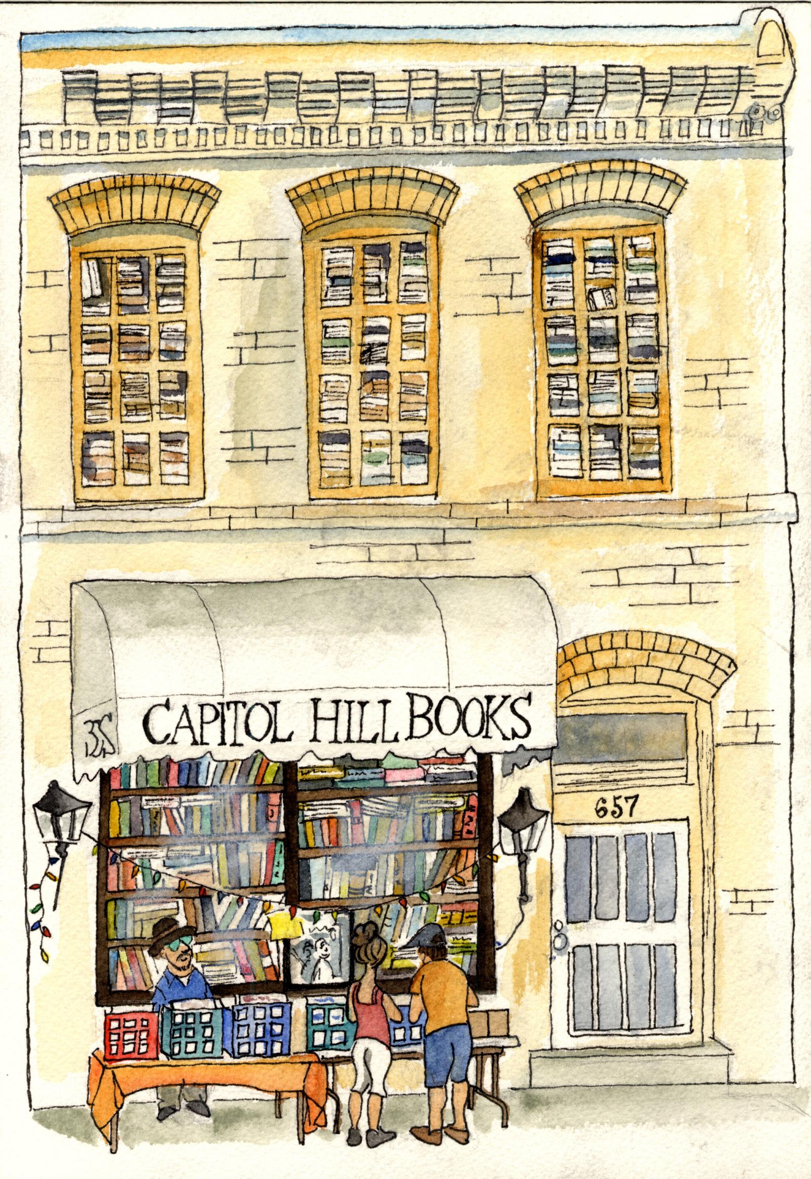 Sketch of Capitol Hill Books created entirely on site.