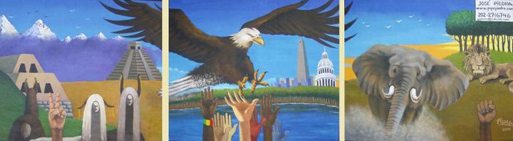 Represents the immigrants Latinos (left panel) and Africans (right panel) trying to catch the American dream in Washington DC (central panel)