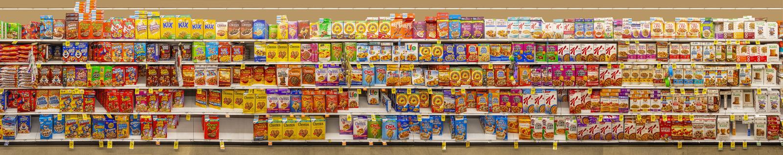 Panoramic print of the cereal aisle in a local supermarket - archival pigment print mounted on Dibond