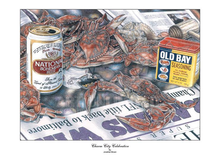 This popular print commemorates the Baltimore Sun's Front Page Headline celebrating the Baltimore Ravens' first Superbowl win! Decorate your Baltimore Ravens fan's wall with memories of their first NFL title! And what better way to celebrate than with world-famous steamed Chesapeake Bay crabs and an ice-cold beer!