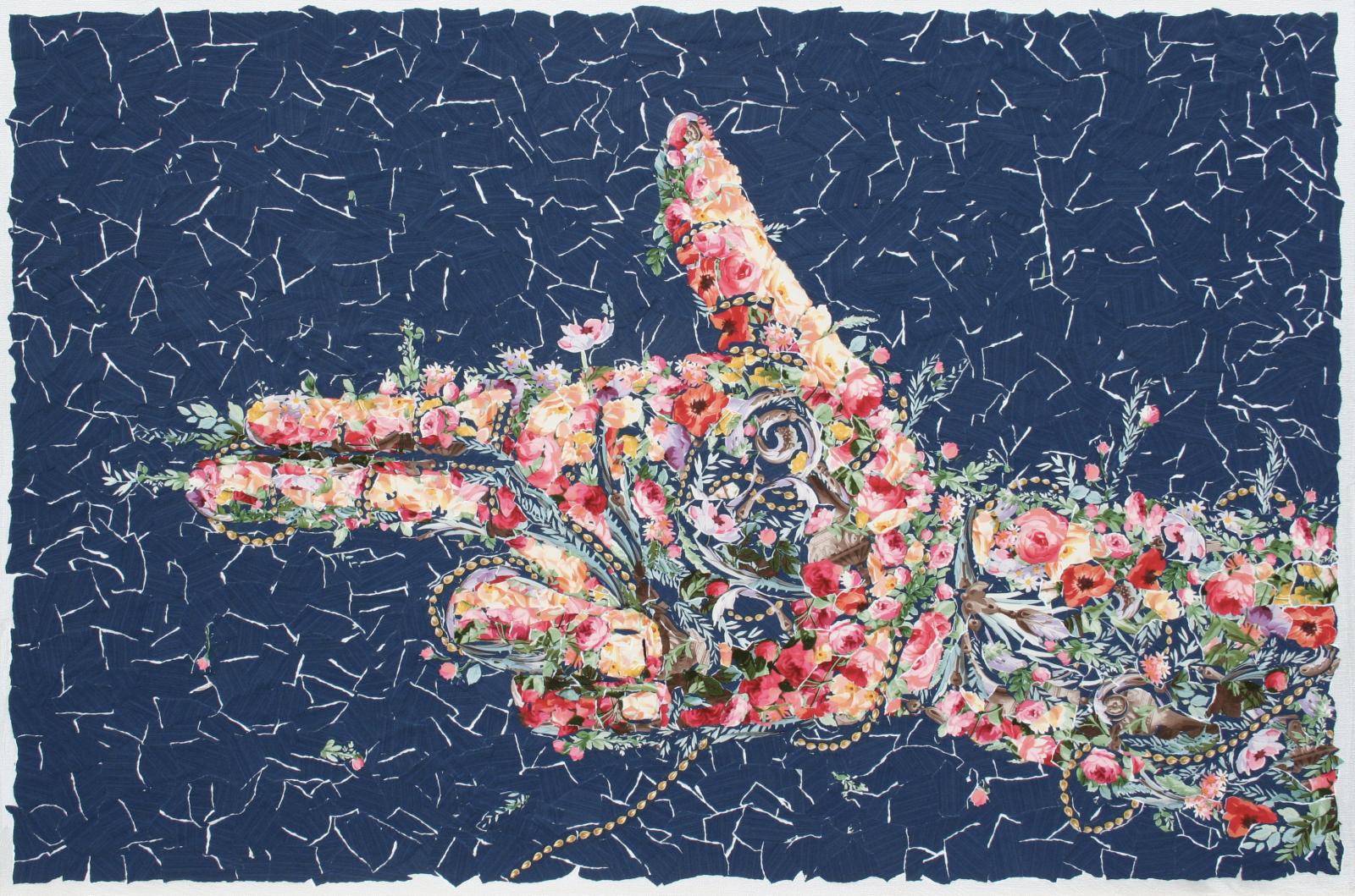Charm City (a reference to Baltimore’s nickname), a 24 x 36-inch finger gun is depicted using a navy floral wallpaper with a gold chain running throughout. The viewer at first glance sees a hand constructed with lush floral imagery but, upon further reflection, she realizes the beauty inherent in the lovely chain and verdant foliage are transformed using the finger gun imagery into a more authentic, visceral representation of the city’s struggle with violence. Completing the scene are the torn navy pieces with their white edges simulating cracks in the artwork’s background and metaphorically the cracks within our society.  