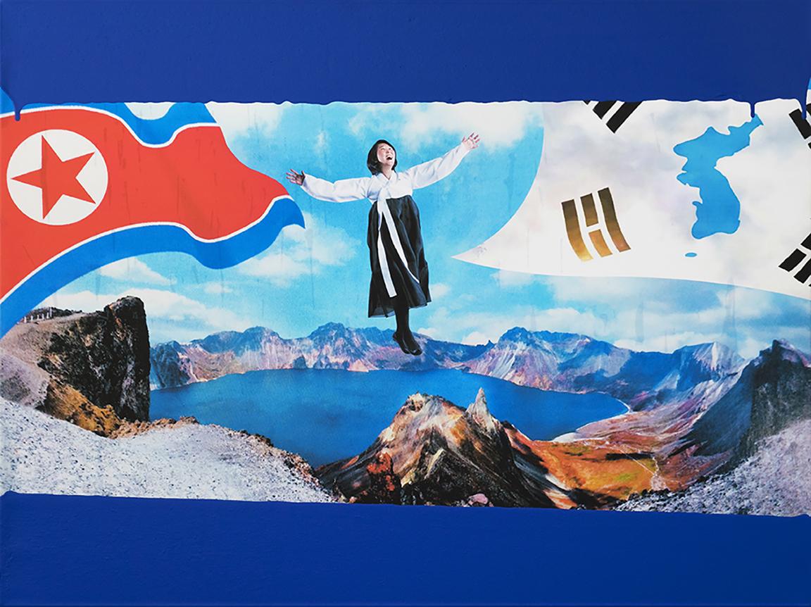 From a series of dream paintings with custom-made New IKB paint and North Korea propaganda imagery printed on canvas. With Cheon’s parents having come from Northern regions of Korea, Cheon carries the transgenerational trauma of the peninsula’s unfortunate history of colonization and war and acts as symbolic peacemaker with her work. 