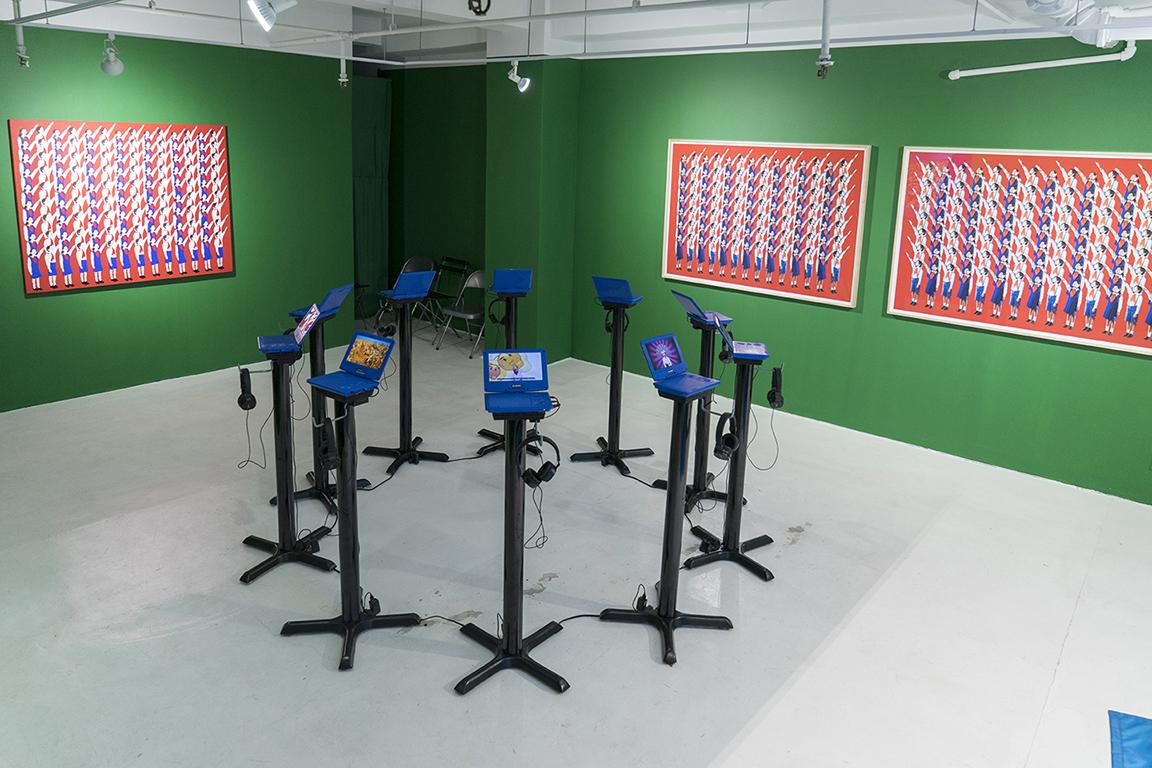 Installation at solo-show “UMMA : MASS GAMES” at the Ethan Cohen Gallery NY in 2017-2018. As a part of global art activism for North Korean human rights, the videos were simultaneously sent into North Korea in hundreds by USB-drives with other care package items by North Korean defectors in S.Korea. 