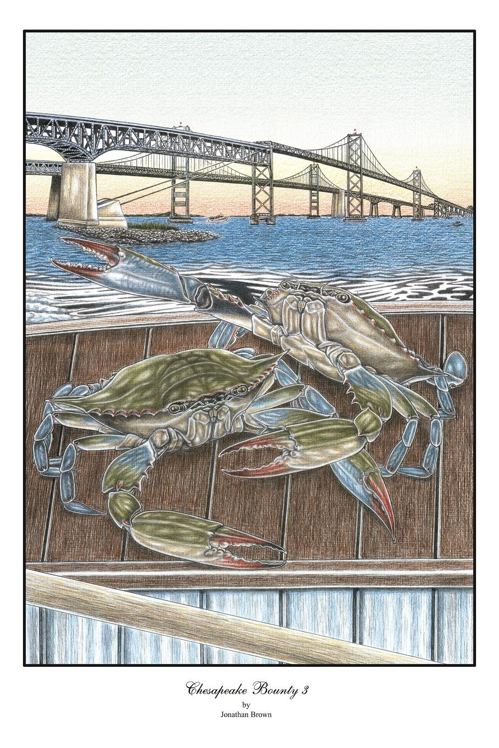 The 1997 third entry to the four piece Chesapeake Bounty series, Chesapeake Bounty 3 shows the starboard inner quarter of the same crabber’s workboat stern deck looking out over the wake to the Chesapeake Bay Bridge.
Part of a 4-part print grouping that showcases landmarks that span 40 miles on the Chesapeake Bay.