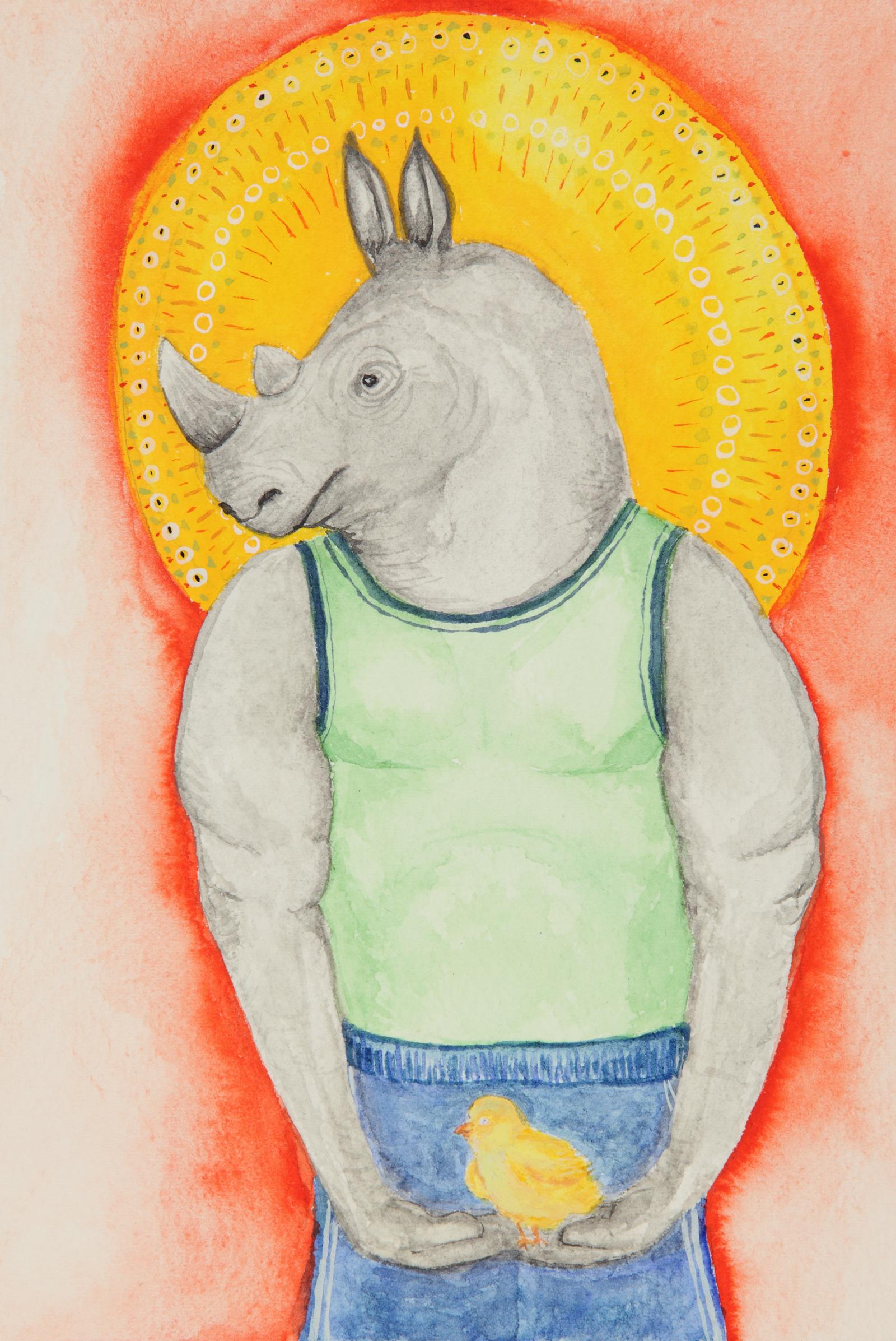 Whimsical watercolor painting of a buff rhino holding a baby chick. 