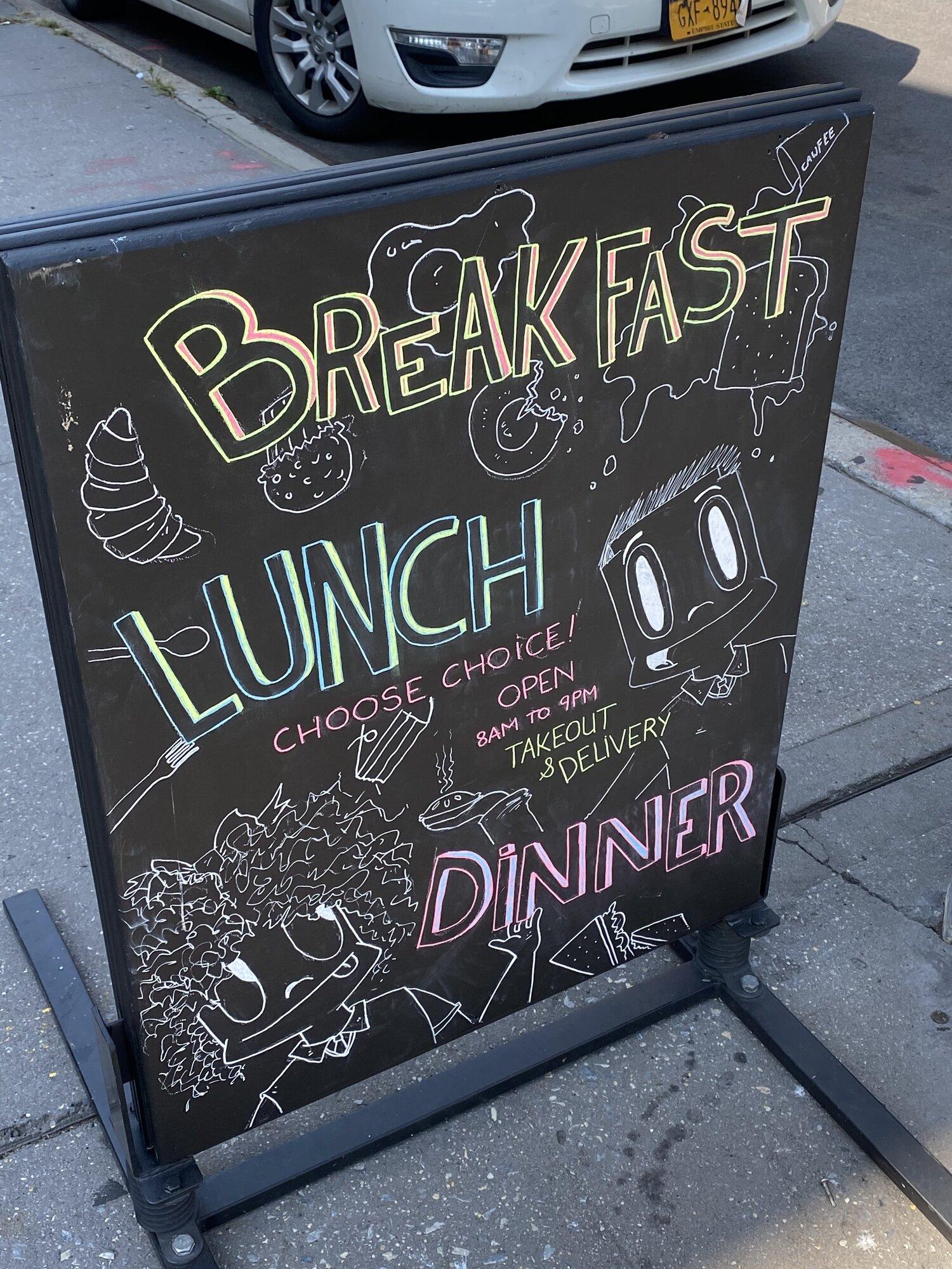 In 2020, Dill Comics began featuring sign art for small businesses throughout Brooklyn, New York. Alongside other multimedia marketing efforts, sign art was used to attract a takeout customer base. Inspired by the general public's need for reassurance and familiarity during the start of 2020, Dill Comics used bright chalk markers to illustrate menus and promotions for local businesses.