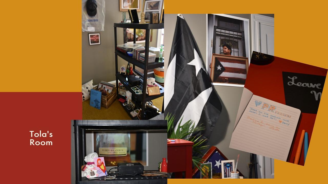 Tola's Room is a Puerto Rican home museum & culture space located in Northeast Baltimore. Its inception was Delgado's attempt to share the wealth of her culture and life experience, along with the connections she's made throughout her therapeutic journey after losing her father in 2013.
In 2022, Delgado curated the entire home museum for its second exhibition entitled, "A Series of Love Letters." The room she selected to pay homage to her father, was once her daughter’s bedroom or "Tola's Room". She envisioned an office space or “man cave” that her father might have if he were alive. Like The Shrine, her design includes “relics” belonging to her father, along with some objects and pictures of her own and of her daughter, Omotola. This space also includes 4 large images from the "Relics of My Father" series and a short film projection created by Delgado entitled, "Daddy, A Love Letter." The film is a collection of family videos mostly of Tola’s growth sharing with her father, moments of reflection that have passed since his death. It is projected on an image entitled, "Trago" of the last Bacardi bottle he drank from, positioned on the last chair he sat.