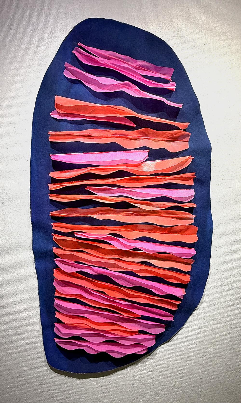3D painting on canvas with rows of painted sheer fabric strips sewn perpendicular to the surface.
