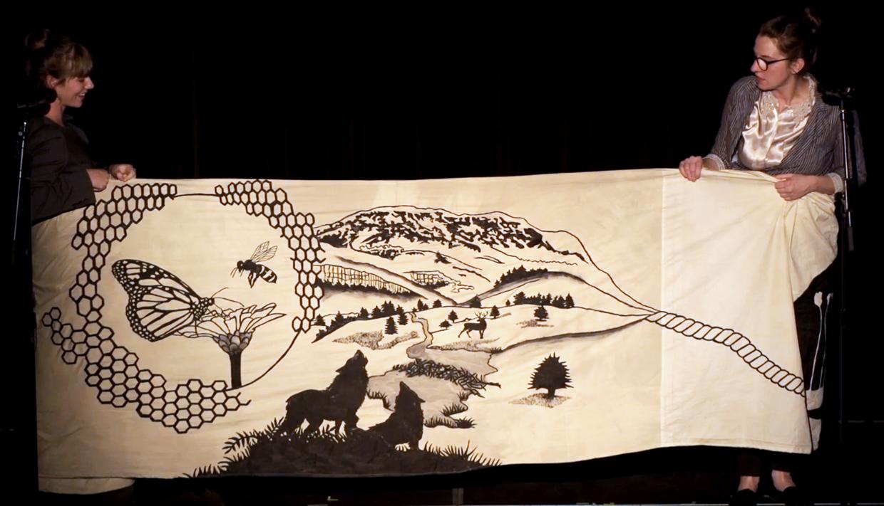 Show in which the performers use their bodies as scrolls to crank the story across the screen in a slow ritual dance. Story and visuals written produced by applicant. Musical accompaniment by Jonathan Vocke and Luke Chohany.