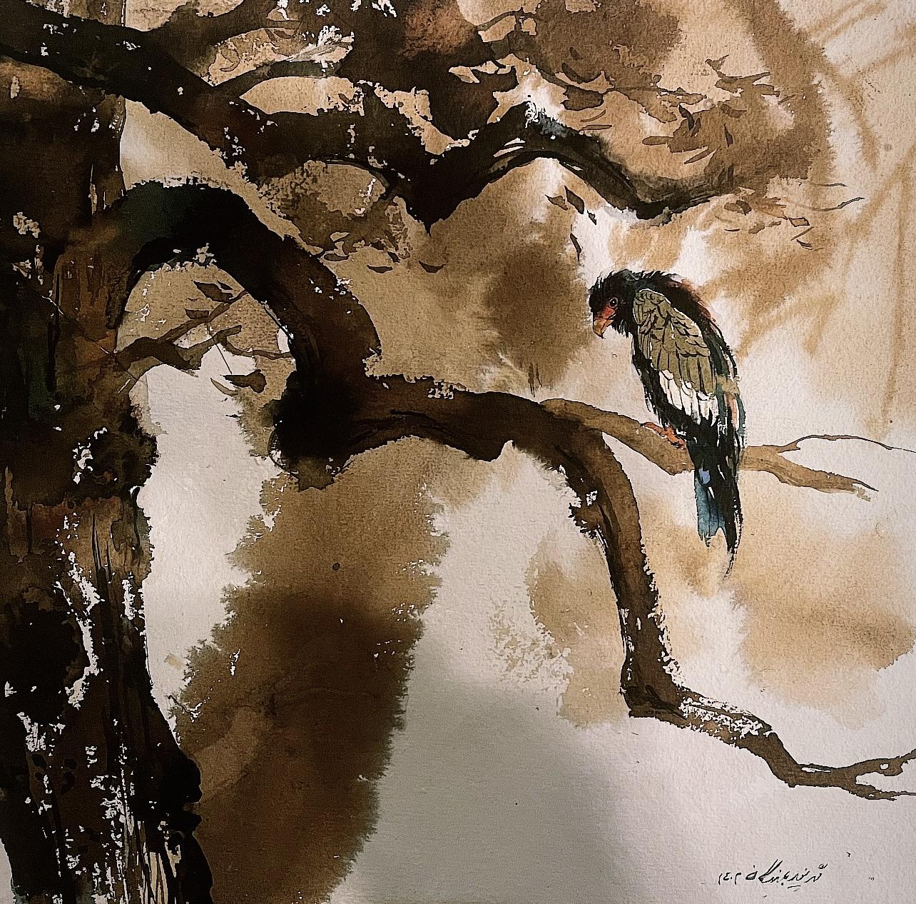 A solitary bird rests on a tree branch, painted in delicate washes of brown, green, and blue. The fluid brushwork and muted palette create an atmosphere of stillness and quiet reflection.