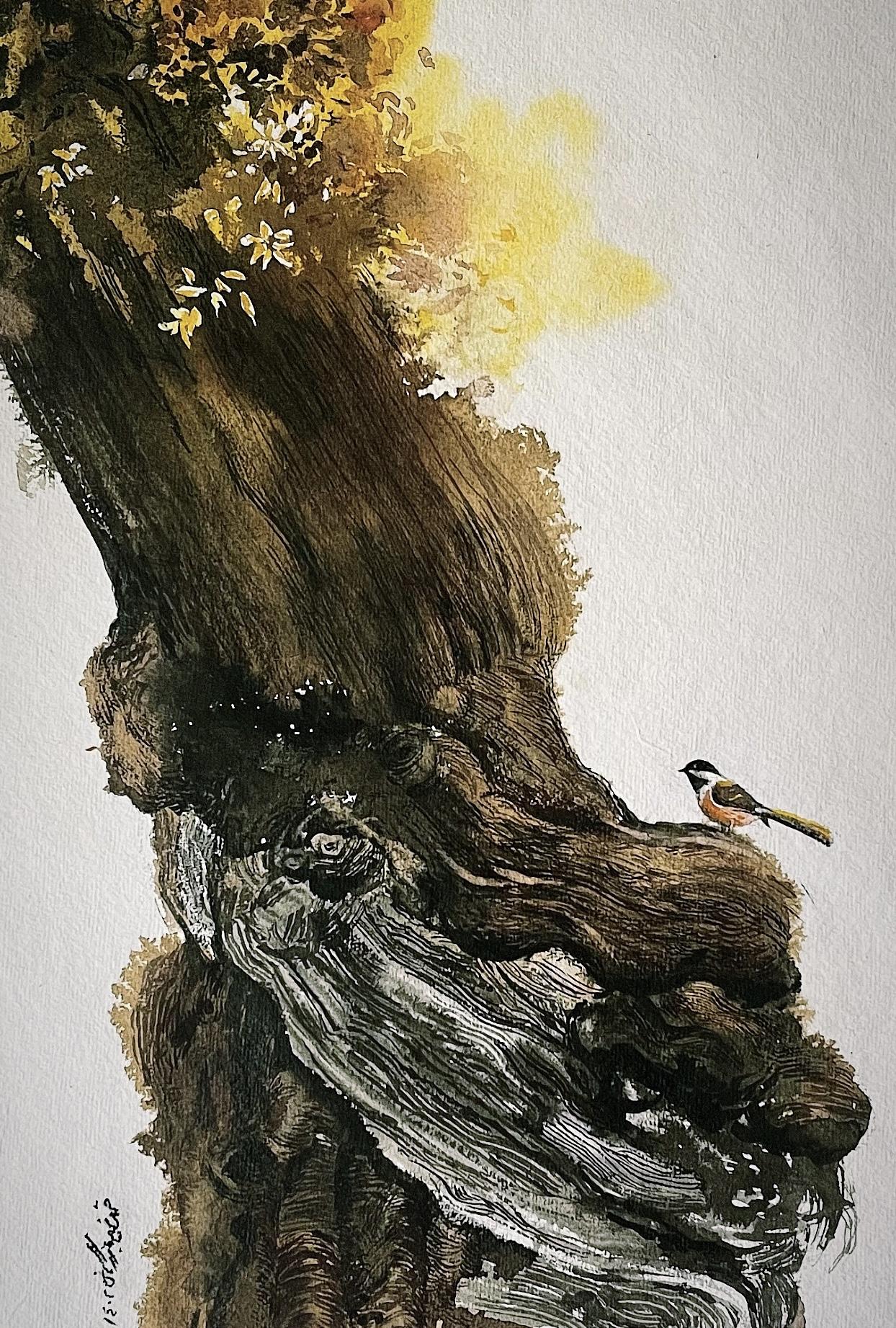 A small bird perches quietly on the branch of a towering tree, its trunk rising upward in sweeping strokes of deep brown and gold. The luminous foliage at the crown contrasts with the darker textures below, creating a sense of balance between strength and delicacy, grandeur and stillness.