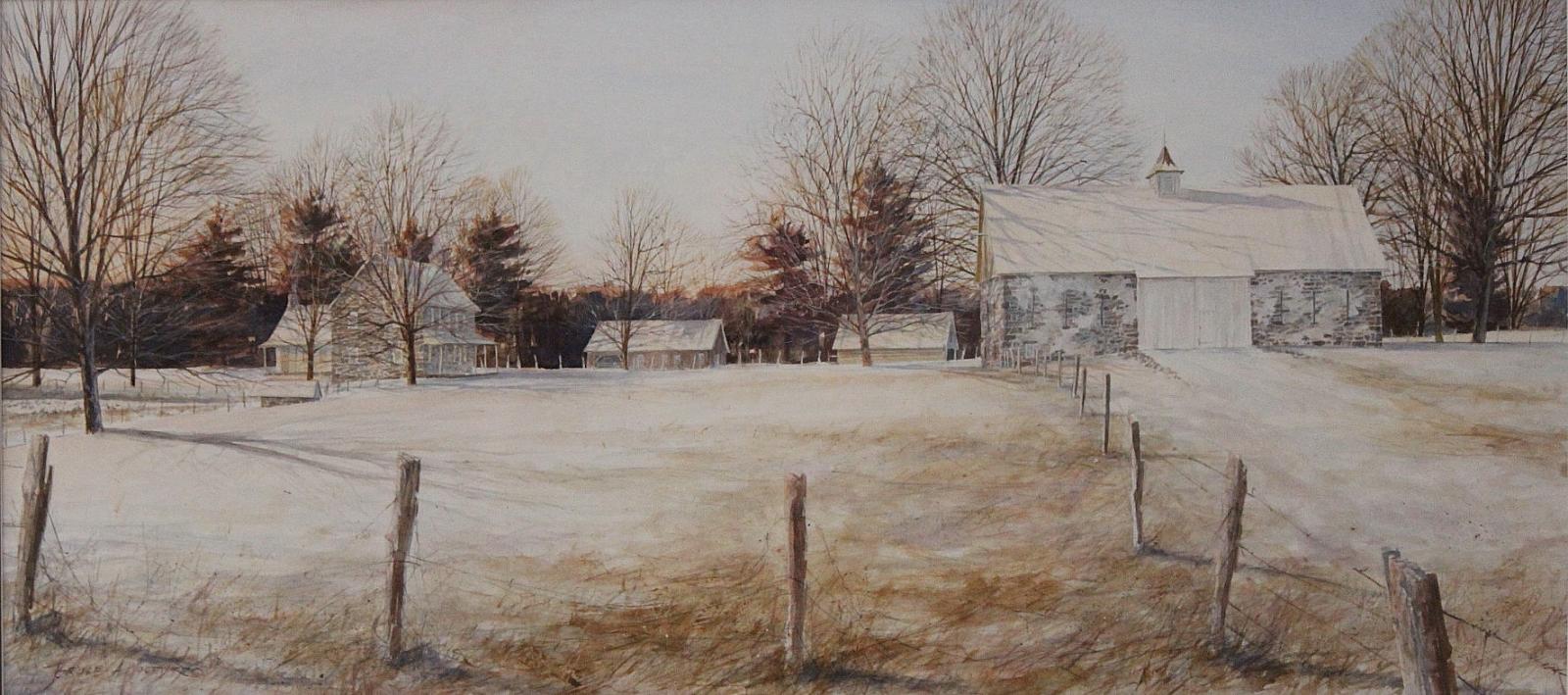 Stone barn covered in snow as the winter evening descends on the surrounding landscape.