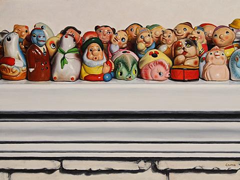 Oil painting of a pencil sharpener collection over the mantelpiece.