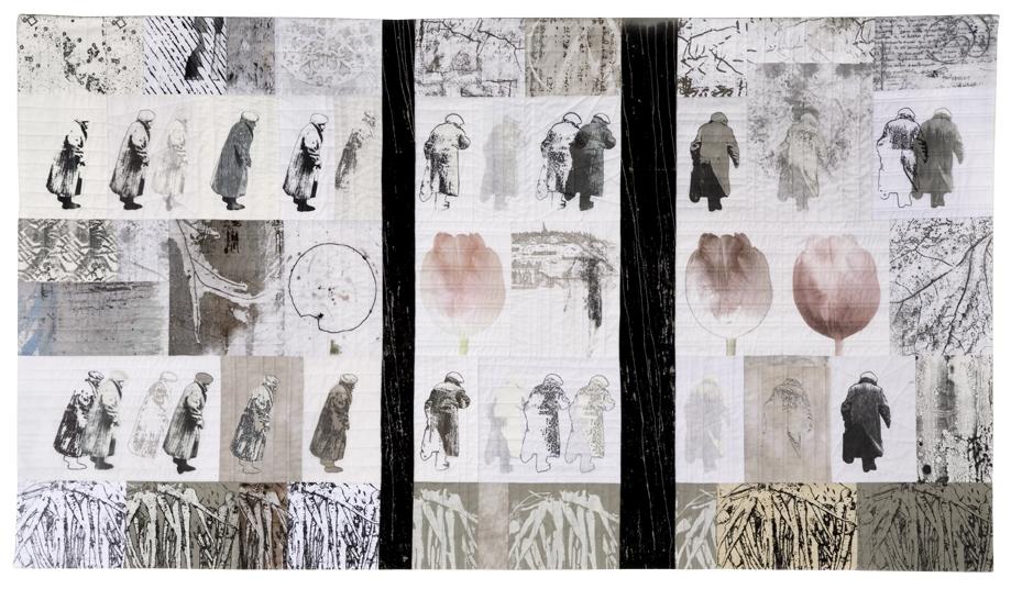 art quilt; cotton, polyester & linen fabric dyed, painted, discharged & printed by the artist; machine pieced & machine quilted; computer images & screens by the artist from her photographs & drawings