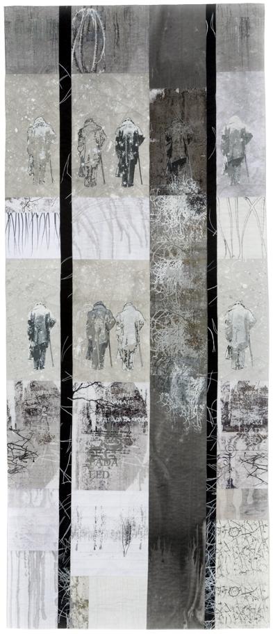 art quilt; cotton, linen & bamboo fabric: dyed, painted, inked & printed by the artist; machine pieced & machine quilted; computer images & screens from the artist's drawings & photographs