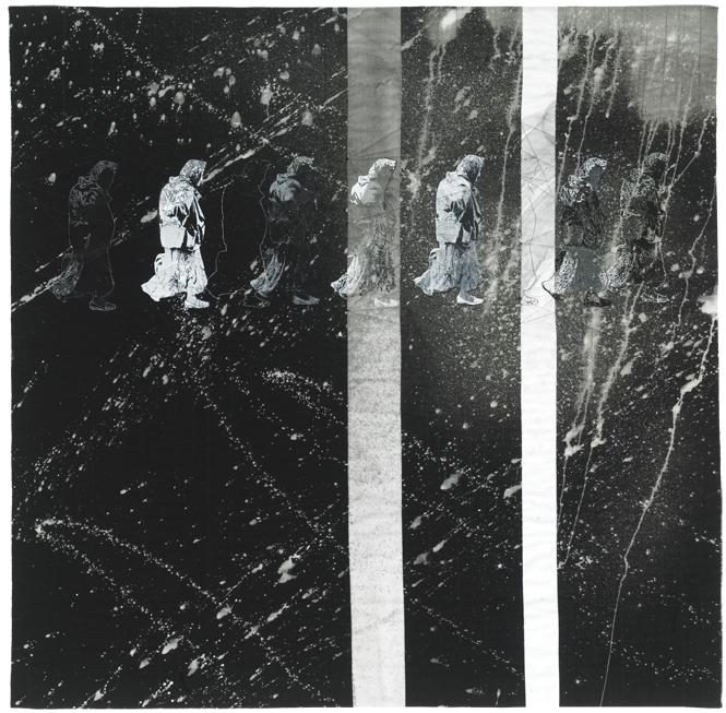 art quilt; cotton fabric: discharged, inked, painted & printed by the artist; machine pieced & machine quilted; computer images & screens by the artist from her photographs & drawings