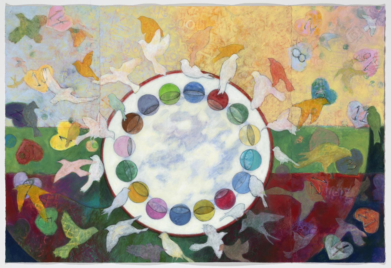 Come and Go was inspired by my painting class during the pandemic when we couldn't be in person.  There's a bowl for each student. Birds, stand-ins for us, dip into the circle for support and fly away in different directions. The horizon line grounds the group. 

My deceased husband is also included as a bird.  The less I understood about where people go after their bodies die, the more credence I gave to birds as intermediaries between worlds, as though they didn't recognize a dividing line.  Birds, along with arrows, continue to find a place in my paintings.