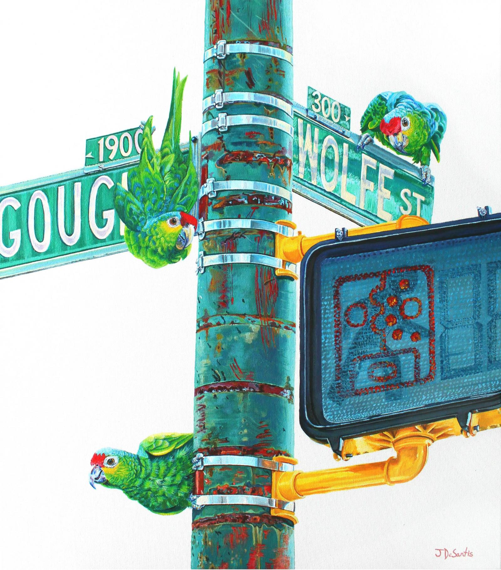 This piece is part of a Baltimore-inspired series celebrating Latin American immigrants, heritage, and diversity in America. The artwork features curious Red-lored Amazon parrots perched on a street sign in Baltimore. The Mayan symbol for "companion spirit" is within the crosswalk sign. This street sign is across from an elementary school where a large percentage of students are of immigrant families. 