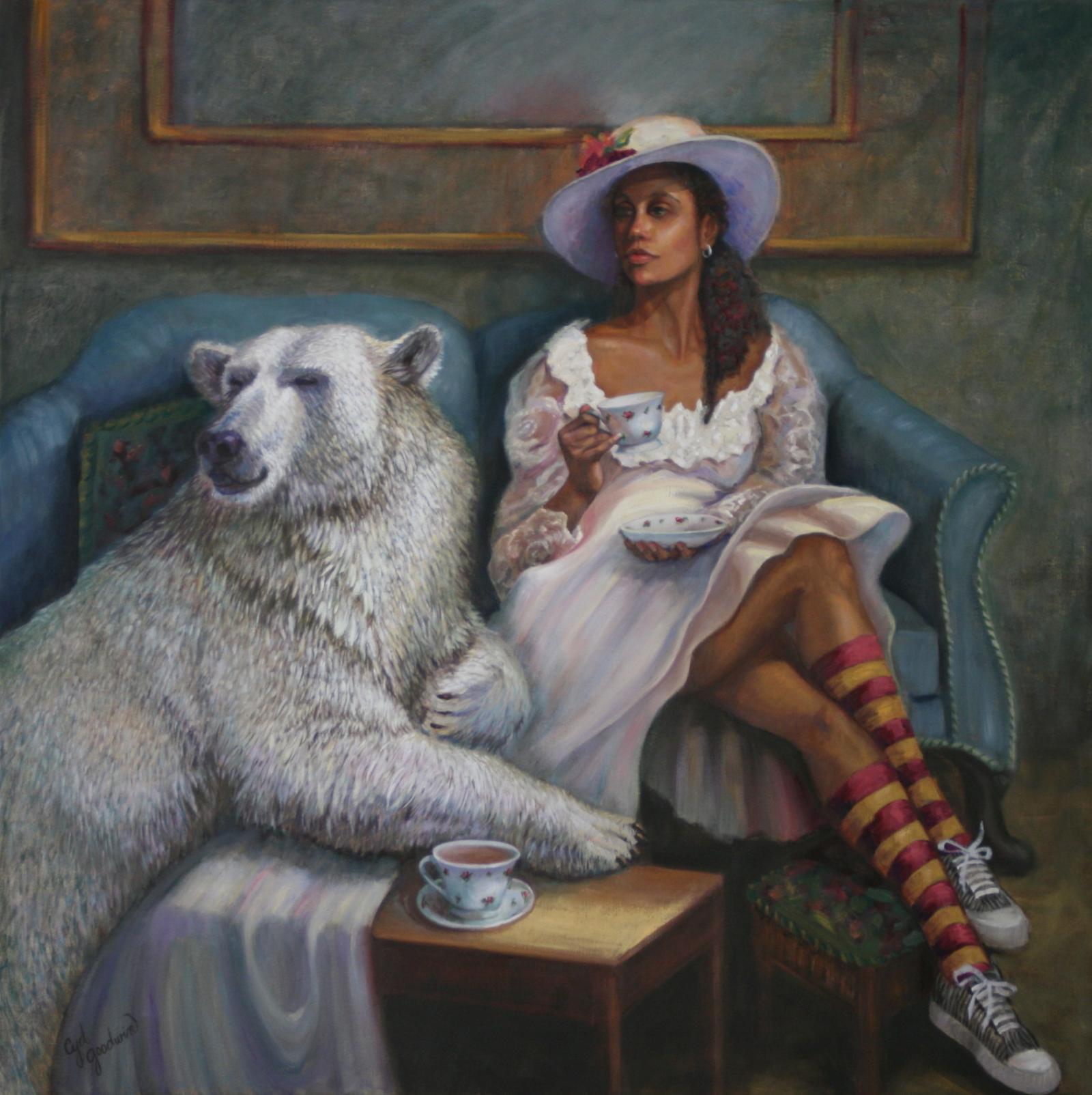 Polar Bear and Lady having a third party conversation over tea