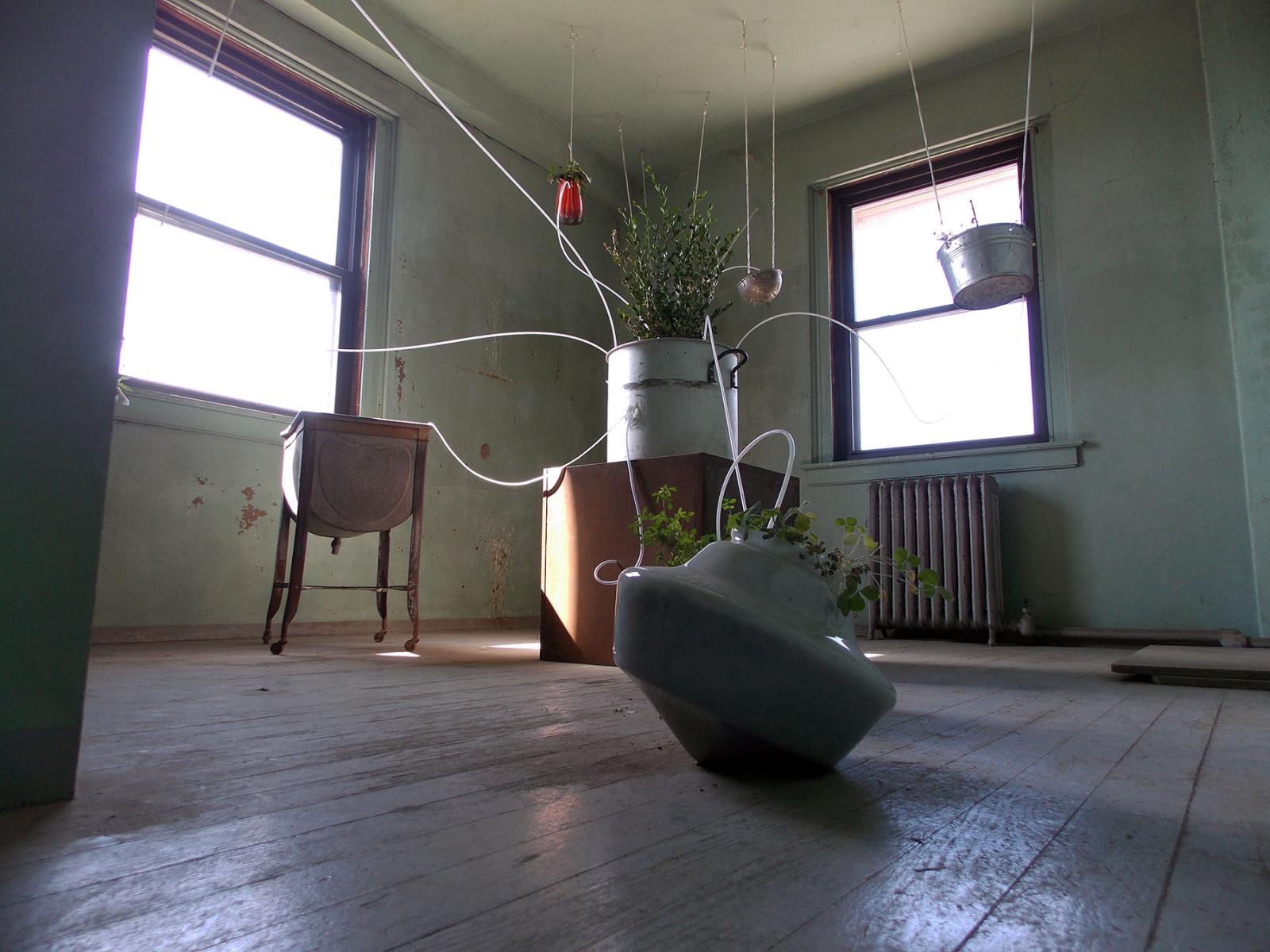 Control: Secondary Nature, is a microcosm of the constant interventions into the world around us, required to prevent, change, or undo problems caused by our previous interventions. Each floating container houses a plant meant to suck some contaminant from the soil, or filter groundwater in some way, but they’re isolated from each other, and from the Earth itself. The room is difficult to navigate, and will become more and more so with further additions, further attempts to remedy a created problem.