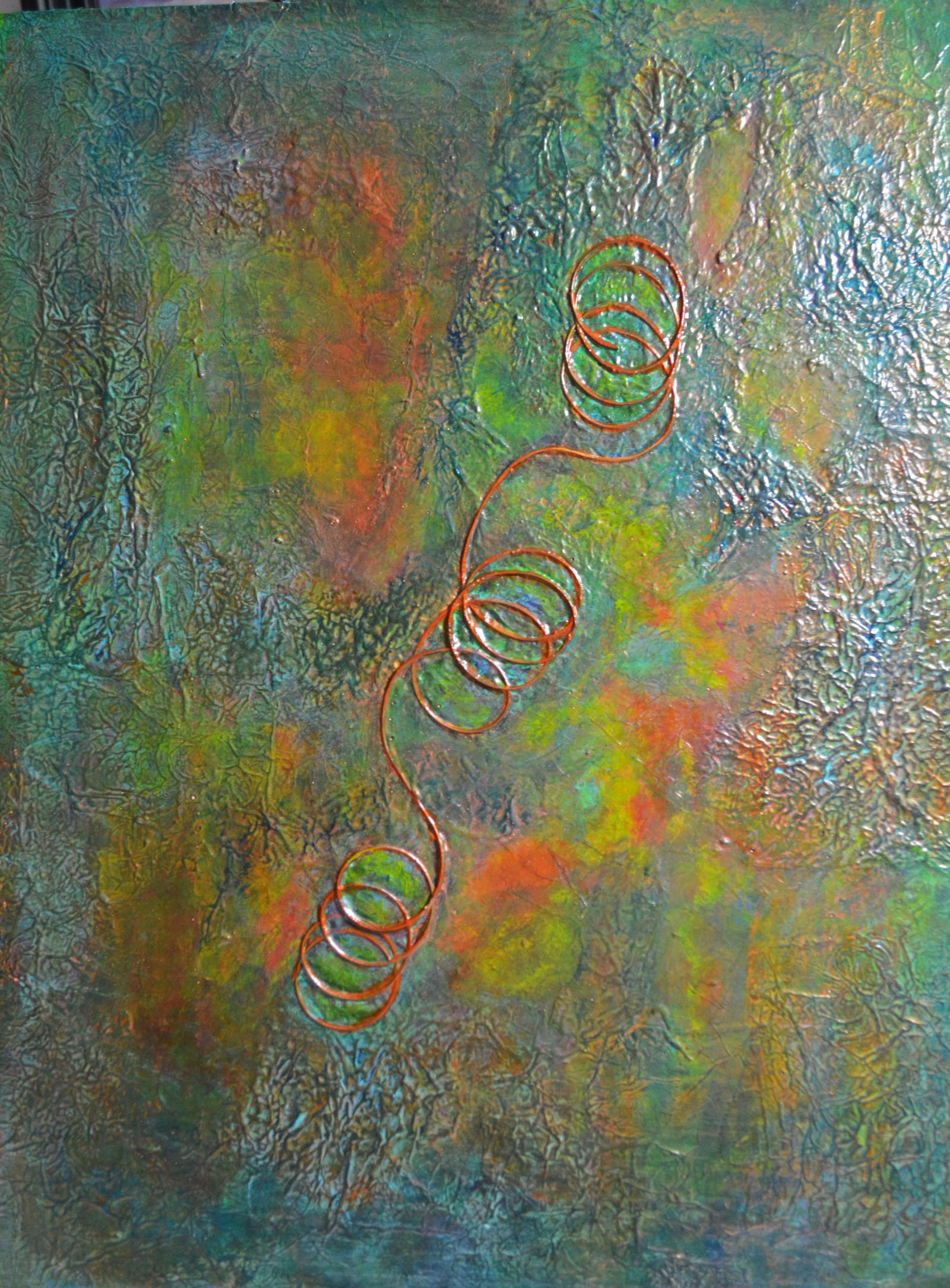 Mixed media on aluminum foil mounted to board