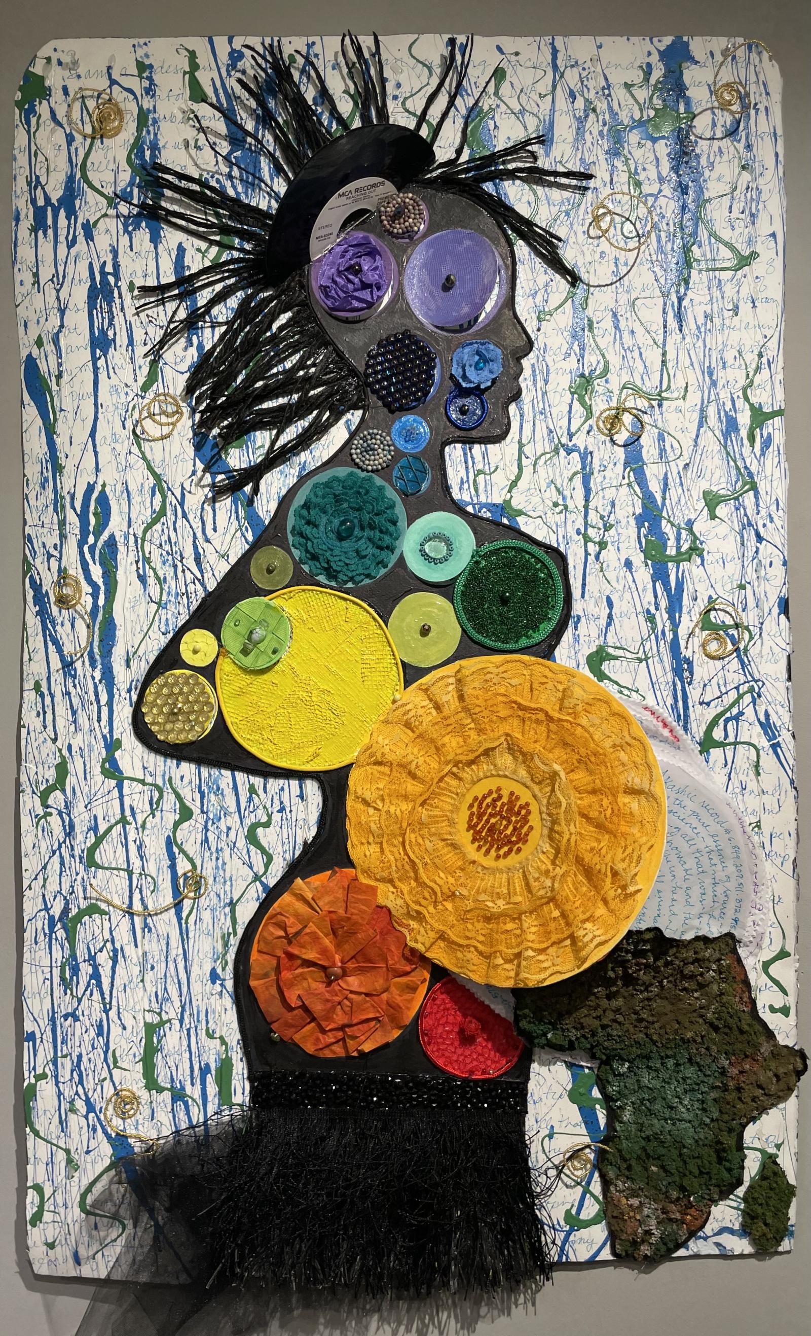 This composition evolved over 10 months of meditation on my spiritual lineage beyond religious doctrine and theologies, toward an original cosmology story that feels like the truth to me. The black silhouette figure represents the mother of all creation who gives birth to galaxies, worlds, and continents and holds the Akashic records of all ancestors past, present, and yet to be born.
