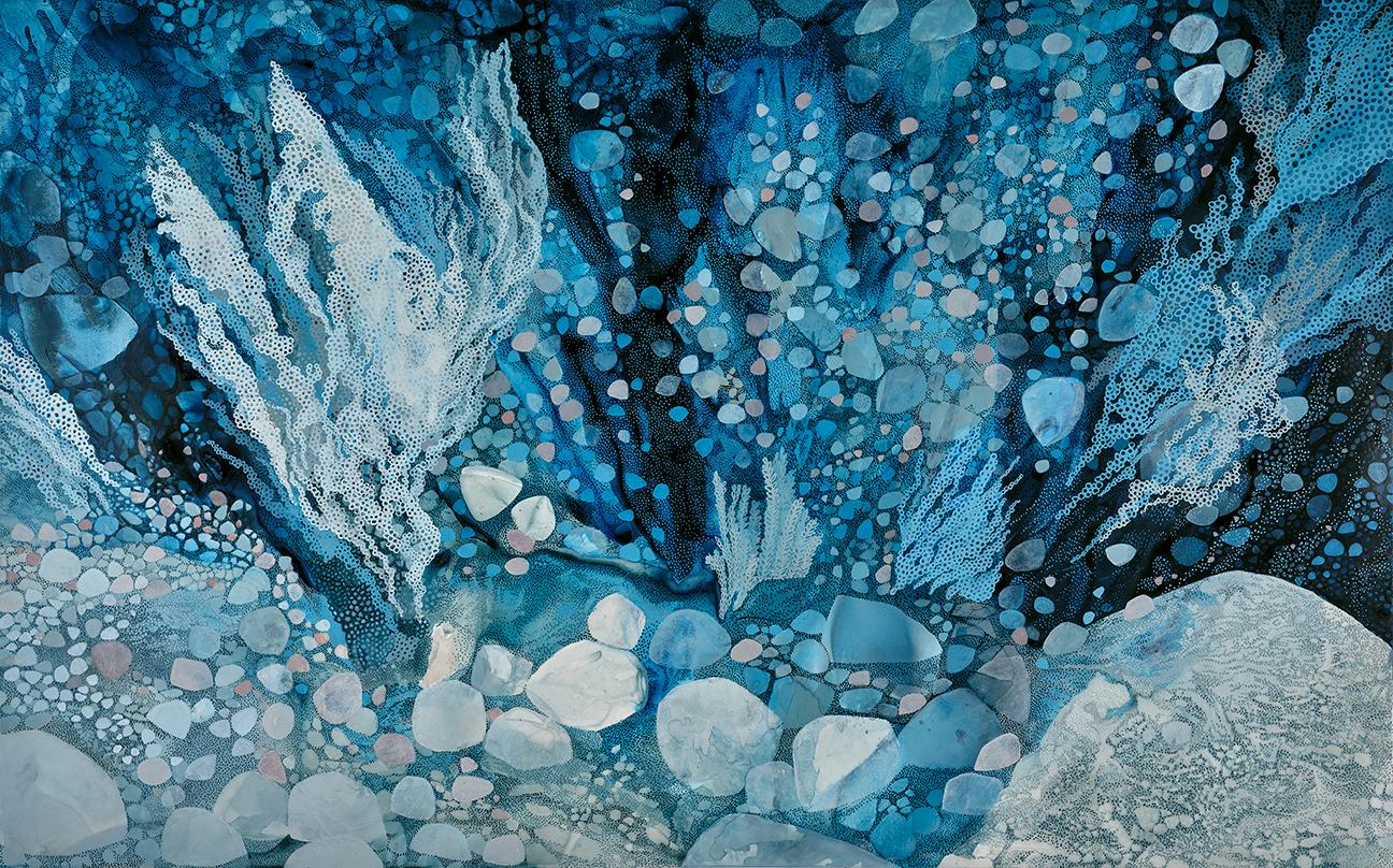 Jacqui Crocetta’s work took a dramatic turn in early 2020, upon discovery of a beach that was heavily polluted with plastic trash. Shocked by the volume of plastic on the beach, Crocetta was propelled to collect as much trash as she could carry, while documenting the process. Later, she transferred her beach clean-up photos onto single-use plastic trash in a series of mixed-media abstract wall works. That series led to ocean-inspired paintings and installations addressing issues such as the microplastic crisis, rising sea levels, coral bleaching, and overfishing.

As Crocetta’s ocean series evolved, she developed a hybrid style of painting and drawing comprised of loose washes of color and intricate patterns and mark-making. Her underwater ocean paintings include thousands of tiny dots of acrylic paint on polyester film, referencing the microplastic crisis, which threatens the environment and human health.

Sweeping gestures and the pulse of tattoo-like marks activate the surface of the paintings in this series, emphasizing movement—a signature characteristic of all living organisms. The intricate composition is intended to draw the viewer in for prolonged looking, to facilitate moments of mindfulness.

While elements of these works reference nature, these underwater scenes are imaginary. In these compositions, harmony rubs up against discord to create a subtle friction in the work that makes space to think about our impact on the environment.