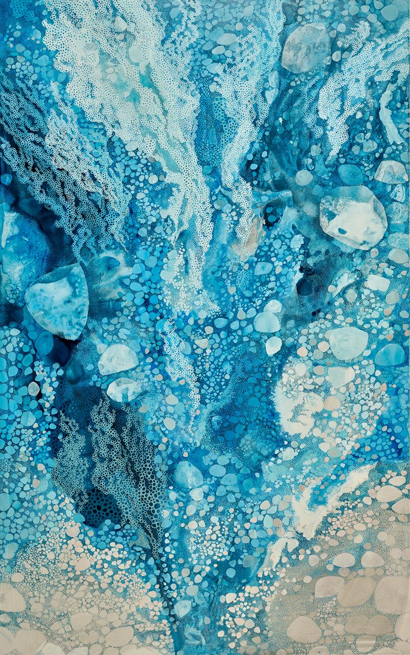Jacqui Crocetta’s work took a dramatic turn in early 2020, upon discovery of a beach that was heavily polluted with plastic trash. Shocked by the volume of plastic on the beach, Crocetta was propelled to collect as much trash as she could carry, while documenting the process. Later, she transferred her beach clean-up photos onto single-use plastic trash in a series of mixed-media abstract wall works. That series led to ocean-inspired paintings and installations addressing issues such as the microplastic crisis, rising sea levels, coral bleaching, and overfishing.

As Crocetta’s ocean series evolved, she developed a hybrid style of painting and drawing comprised of loose washes of color and intricate patterns and mark-making. Her underwater ocean paintings include thousands of tiny dots of acrylic paint on polyester film, referencing the microplastic crisis, which threatens the environment and human health.

Sweeping gestures and the pulse of tattoo-like marks activate the surface of the paintings in this series, emphasizing movement—a signature characteristic of all living organisms. The intricate composition is intended to draw the viewer in for prolonged looking, to facilitate moments of mindfulness.

While elements of these works reference nature, these underwater scenes are imaginary. In these compositions, harmony rubs up against discord to create a subtle friction in the work that makes space to think about our impact on the environment.