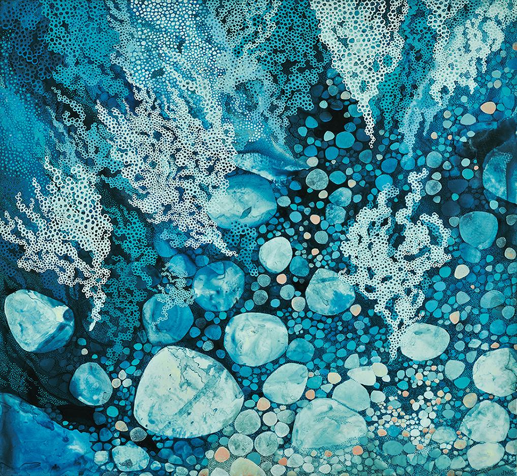 Jacqui Crocetta’s work took a dramatic turn in early 2020, upon discovery of a beach that was heavily polluted with plastic trash. Shocked by the volume of plastic on the beach, Crocetta was propelled to collect as much trash as she could carry, while documenting the process. Later, she transferred her beach clean-up photos onto single-use plastic trash in a series of mixed-media abstract wall works. That series led to ocean-inspired paintings and installations addressing issues such as the microplastic crisis, rising sea levels, coral bleaching, and overfishing.

As Crocetta’s ocean series evolved, she developed a hybrid style of painting and drawing comprised of loose washes of color and intricate patterns and mark-making. Her underwater ocean paintings include thousands of tiny dots of acrylic paint on polyester film, referencing the microplastic crisis, which threatens the environment and human health.

Sweeping gestures and the pulse of tattoo-like marks activate the surface of the paintings in this series, emphasizing movement—a signature characteristic of all living organisms. The intricate composition is intended to draw the viewer in for prolonged looking, to facilitate moments of mindfulness.

While elements of these works reference nature, these underwater scenes are imaginary. In these compositions, harmony rubs up against discord to create a subtle friction in the work that makes space to think about our impact on the environment.