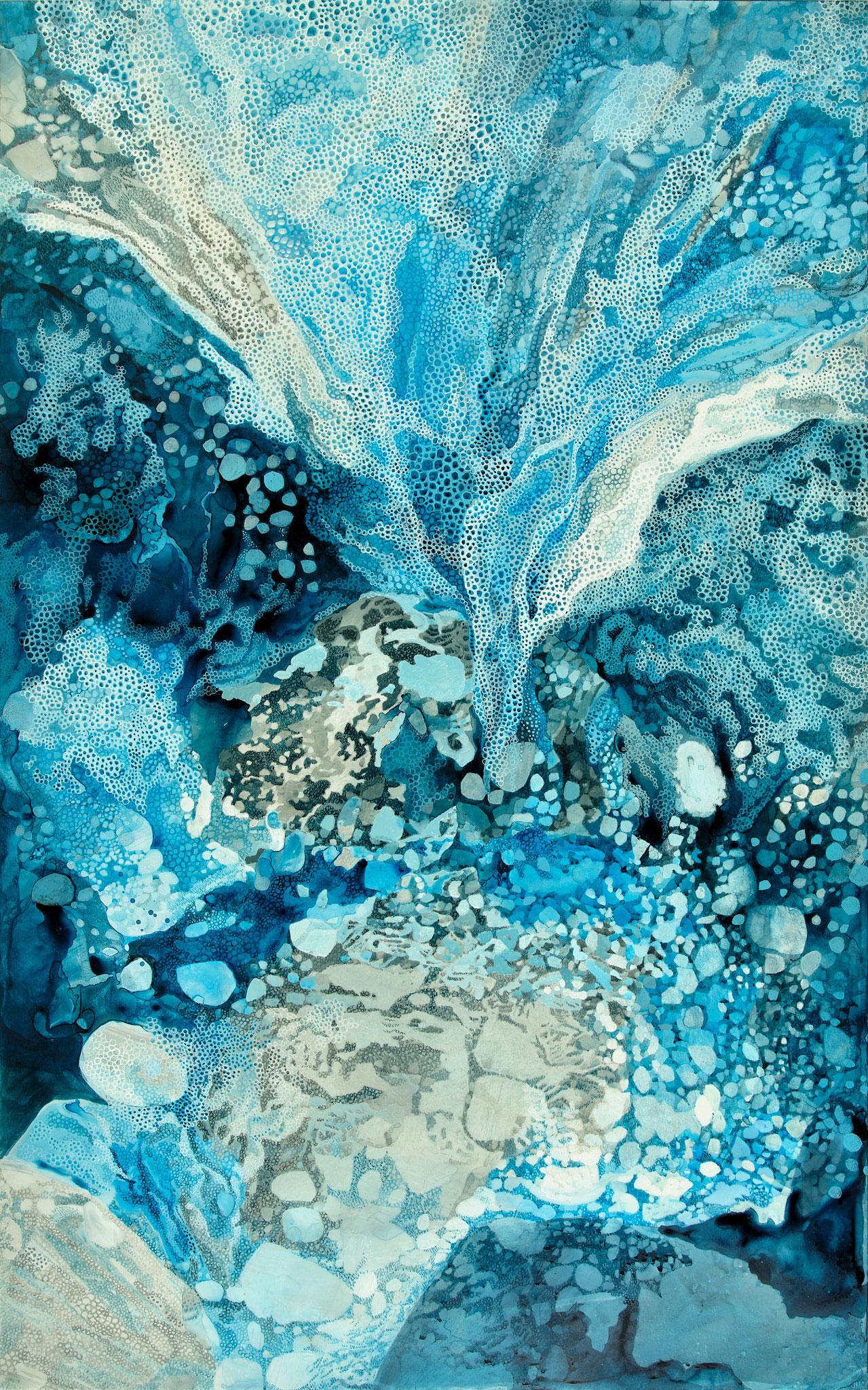 Jacqui Crocetta’s work took a dramatic turn in early 2020, upon discovery of a beach that was heavily polluted with plastic trash. Shocked by the volume of plastic on the beach, Crocetta was propelled to collect as much trash as she could carry, while documenting the process. Later, she transferred her beach clean-up photos onto single-use plastic trash in a series of mixed-media abstract wall works. That series led to ocean-inspired paintings and installations addressing issues such as the microplastic crisis, rising sea levels, coral bleaching, and overfishing.

As Crocetta’s ocean series evolved, she developed a hybrid style of painting and drawing comprised of loose washes of color and intricate patterns and mark-making. Her underwater ocean paintings include thousands of tiny dots of acrylic paint on polyester film, referencing the microplastic crisis, which threatens the environment and human health.

Sweeping gestures and the pulse of tattoo-like marks activate the surface of the paintings in this series, emphasizing movement—a signature characteristic of all living organisms. The intricate composition is intended to draw the viewer in for prolonged looking, to facilitate moments of mindfulness.

While elements of these works reference nature, these underwater scenes are imaginary. In these compositions, harmony rubs up against discord to create a subtle friction in the work that makes space to think about our impact on the environment.