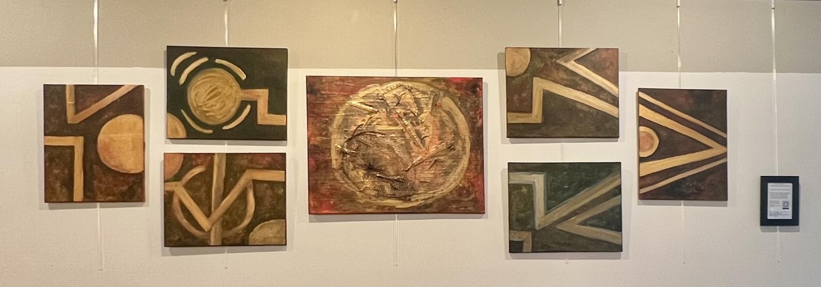 Installation view,  Crop Circles (Hard Work and Dedication Series), Port of Leonardtown Winery- in Partnership with St. Mary's Art Council, Leonardtown, MD,  2024

Crop Circles  (from the Hardwork and Dedication series) was a solo exhibition that explored cycles of presence, labor, and memory through abstracted marks and circular motifs. The circle became both a symbol of continuity and a trace of disappearance — a form that holds but also erases. Using layered surfaces and gestural abstraction, the works drew attention to fragility as a state of resilience, and to the ways beauty emerges through repetition and impermanence. The exhibition situated agricultural and cosmic references as metaphors for collective human experience: what is planted, what endures, and what risks being forgotten. 