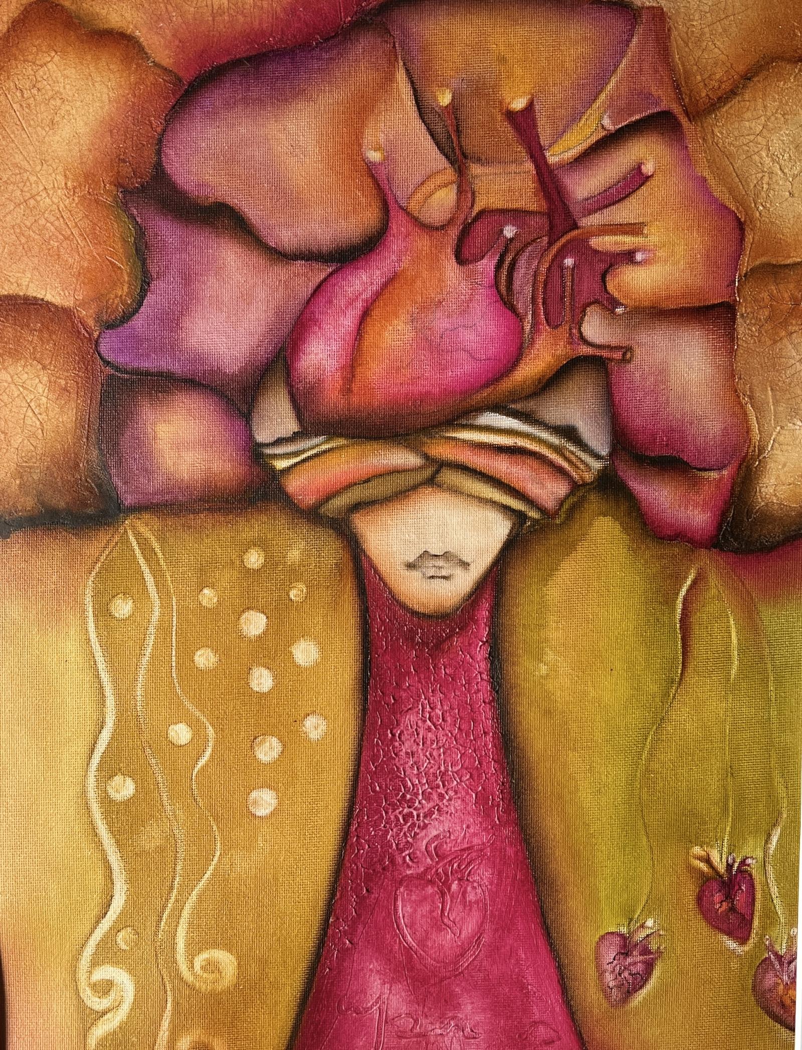 Oil over canvas paper "Heart of Enigmas" is a beautiful work that explores how the heart guides more than the mind. It feels like a dream inviting reflection on an 18" x 24" canvas paper. In the center is a stylized human figure with its eyes covered, suggesting an inner vision and understanding beyond what we see.
The figure's head rises toward clouds painted in warm shades of purple, pink, and orange, intertwining to create a sense of light and texture. Above the figure, hands seem to hold the head, with a colorful heart in the center, symbolizing decisions born from the soul.
