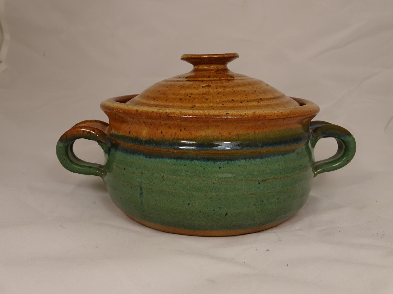 Lidded casserole with handles, green and brown glaze