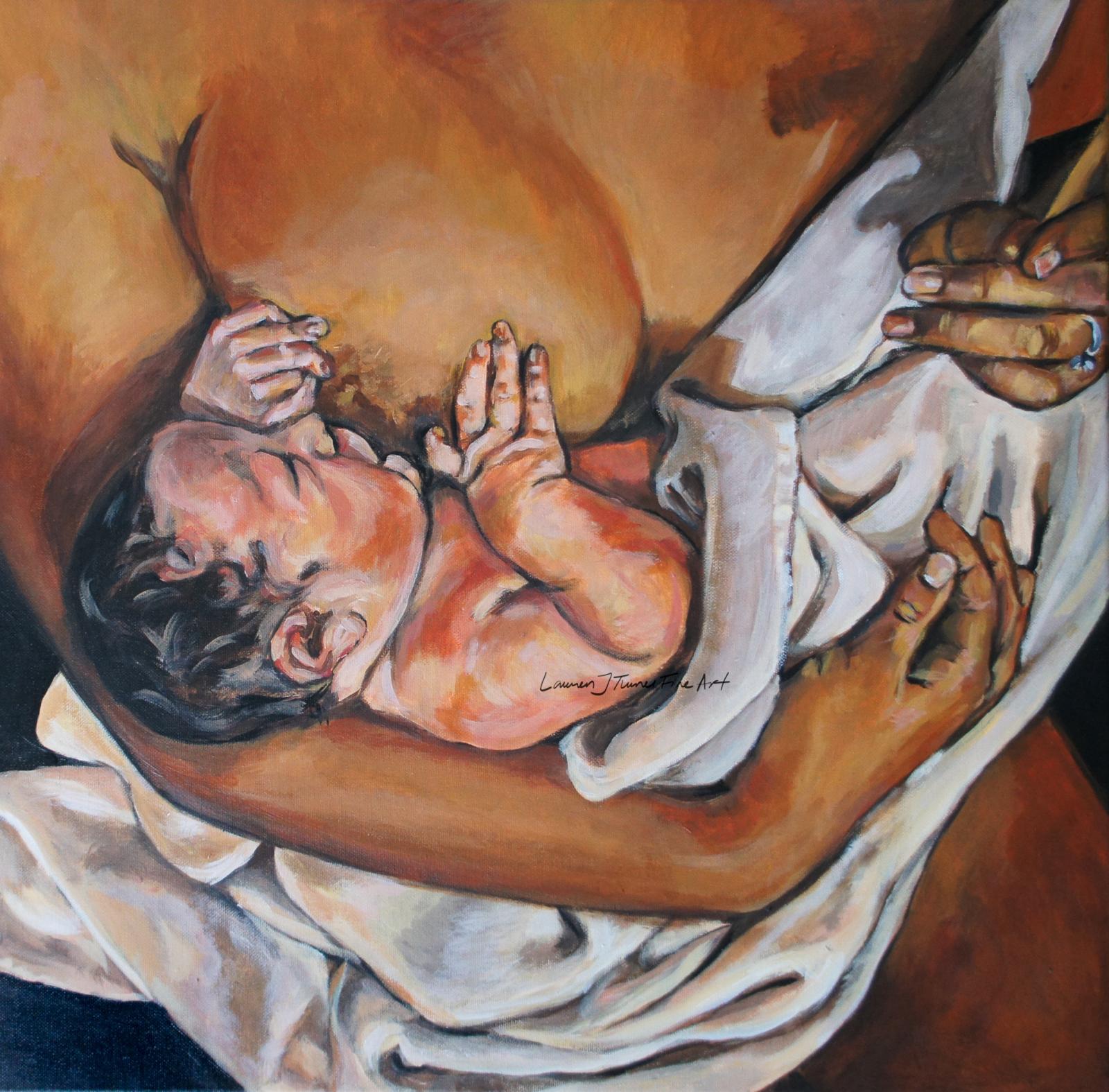 This image captures a mother breastfeeding her baby after birth.