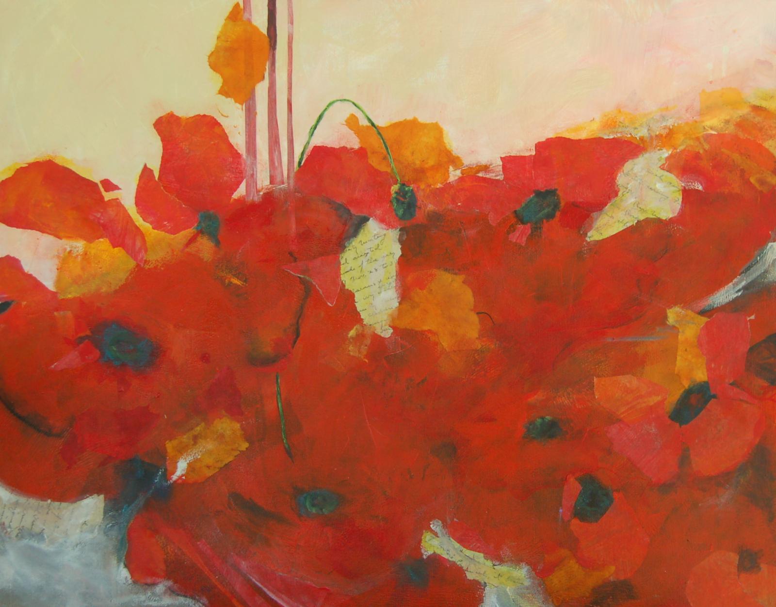 abstract acrylic painting of poppies with some collage