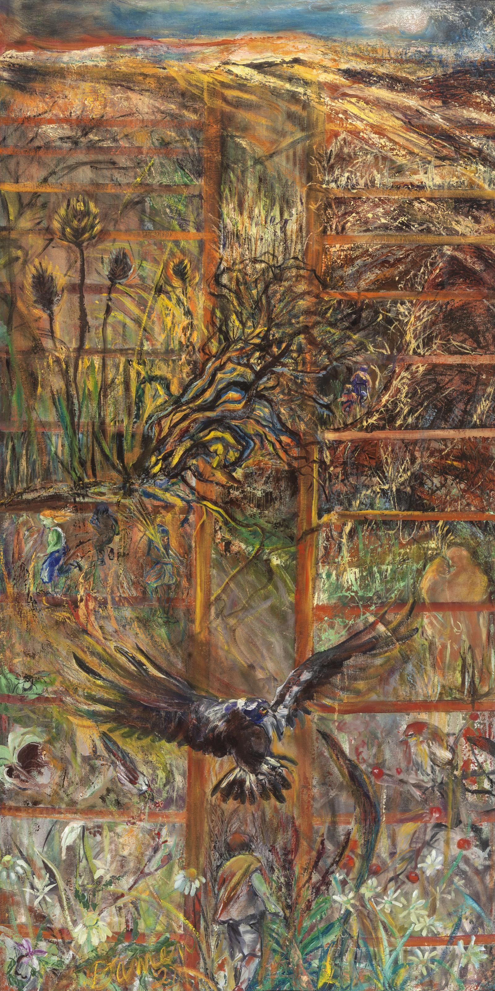 This dense painting gives homage to the myriad life forms and activities of the field. Subdividing open fields for housing developments is one of the main causes of the Chesapeake Bay’s poor environmental report card. Relentlessly for decades, development continues. Fields are lost and runoff speeds pollutants to the Bay’s tributaries. The Field itself nourishes myriad life forms casually wiped out when it becomes subdivided lots. Paula Meehan’s poem “Death of a Field”(1) enumerates how the meadow’s life is diminished and replaced with a…
“…Nest of sorrow and chemical,...
The end of dandelion is the start of Flash
The end of dock is the start of Pledge...
Who amongst us is able to number the end of grasses
To number the losses of each seeding head?”
1. Paula Meehan. Painting Rain, Wake Forest University Press, Winston-Salem, NC, 2009
2. Meehan, Ibid p13