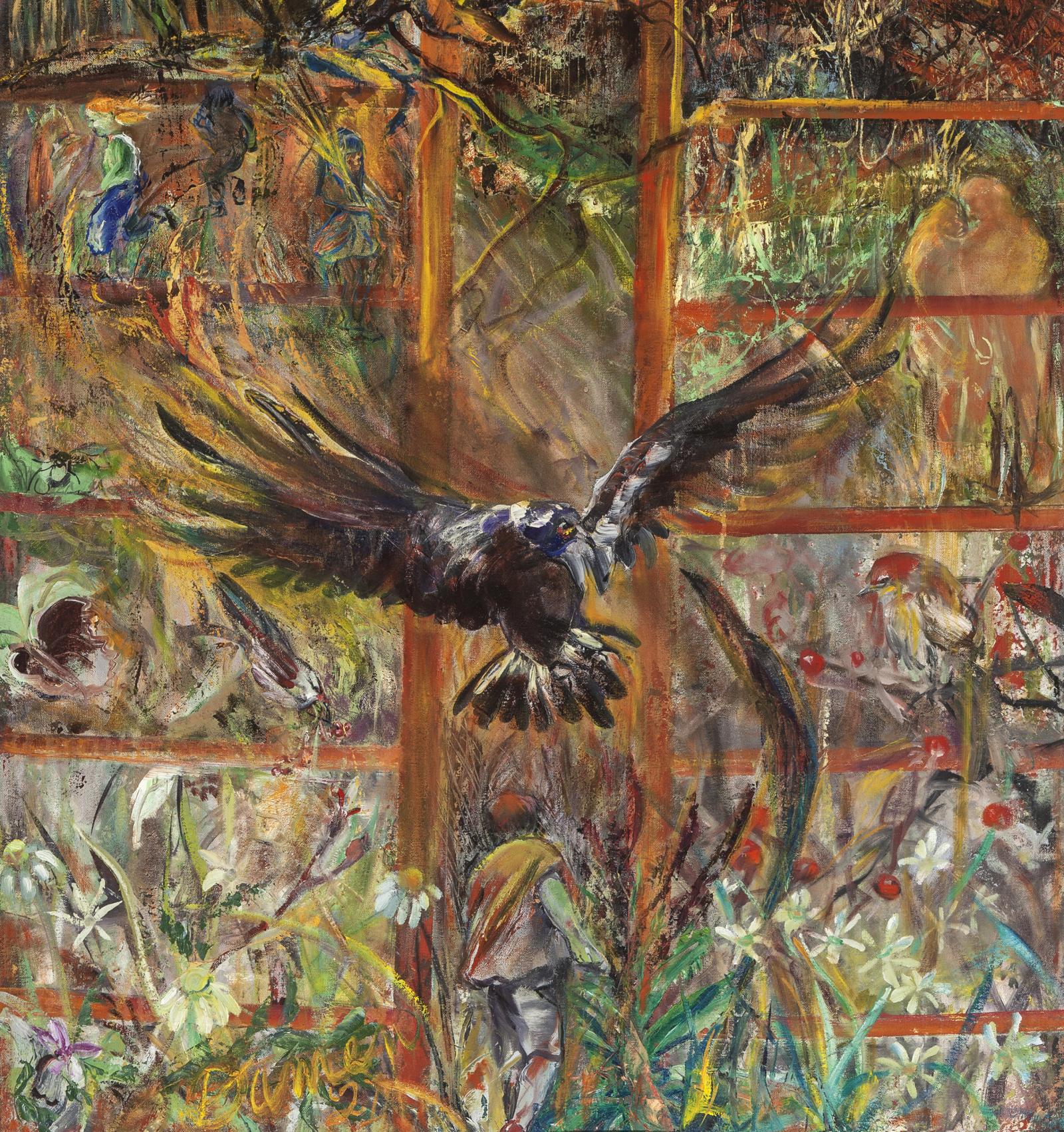 This dense painting gives homage to the myriad life forms and activities of the field. Subdividing open fields for housing developments is one of the main causes of the Chesapeake Bay’s poor environmental report card. Relentlessly for decades, development continues. Fields are lost and runoff speeds pollutants to the Bay’s tributaries. The Field itself nourishes myriad life forms casually wiped out when it becomes subdivided lots. Paula Meehan’s poem “Death of a Field”(1) enumerates how the meadow’s life is diminished and replaced with a…
“…Nest of sorrow and chemical,...
The end of dandelion is the start of Flash
The end of dock is the start of Pledge...
Who amongst us is able to number the end of grasses
To number the losses of each seeding head?”
1. Paula Meehan. Painting Rain, Wake Forest University Press, Winston-Salem, NC, 2009
2. Meehan, Ibid p13