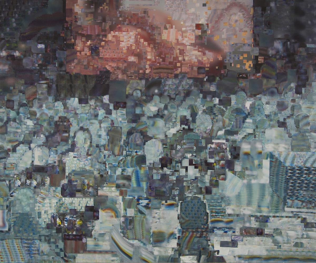 I used the projector to render the black and white picture of Nazi prisoners inside a theater after the war. they were being forced to watch the footage of Holocaust. the painting was made mostly by small rollers and airbrush on top.