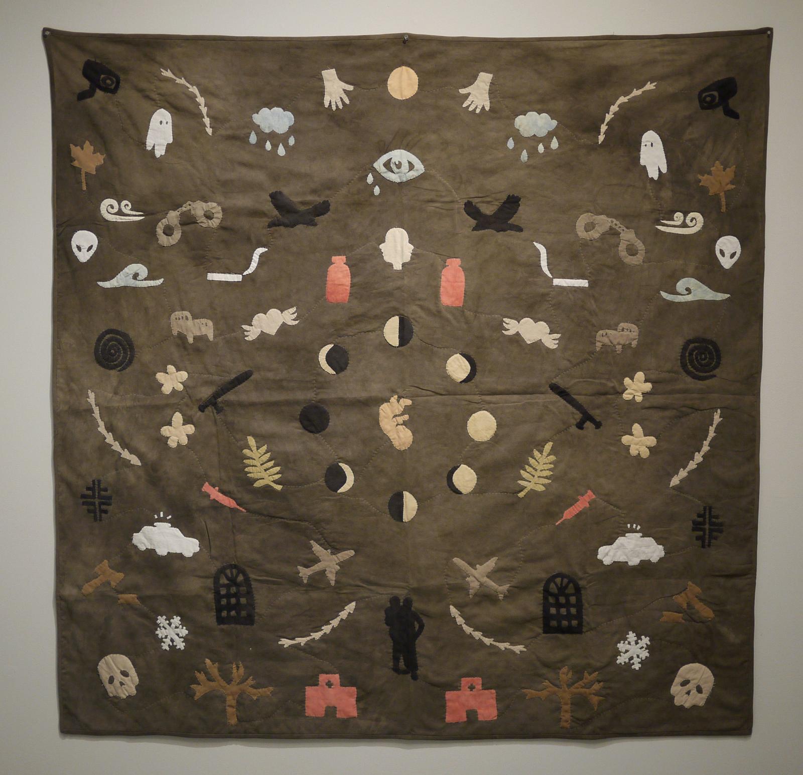A personal story quilt made with all plant dyed second hand fabric about my brother who suffered from Bipolar Schizoaffective Disorder for over twenty years. I worked on this piece for over a year before he passed away. It’s a story of a person whose seasons in life revolved around jails, hospitals, mental institutions, and half way homes. The evolution of this piece is documented through #johnpaulcabreracrabb on instagram with written stories that correlate to selected symbols that honor my brother’s life. 