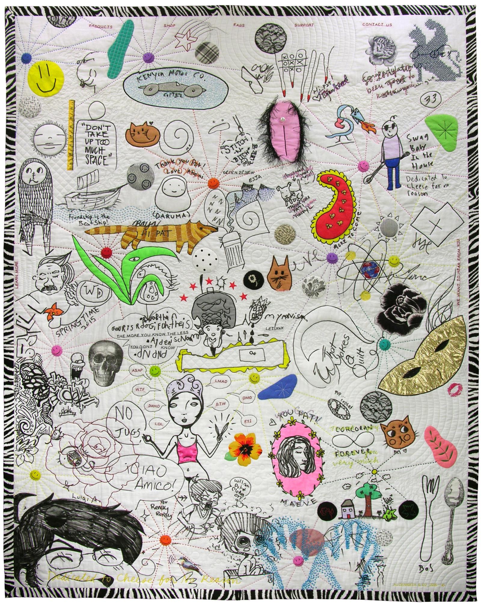 In collaboration with contributions by well-wishers at 2015 retirement exhibition; fabric marker, trapunto, heat transfer, rubber stamp, hand appliqué, hand and machine embroidery, hand and machine quilting