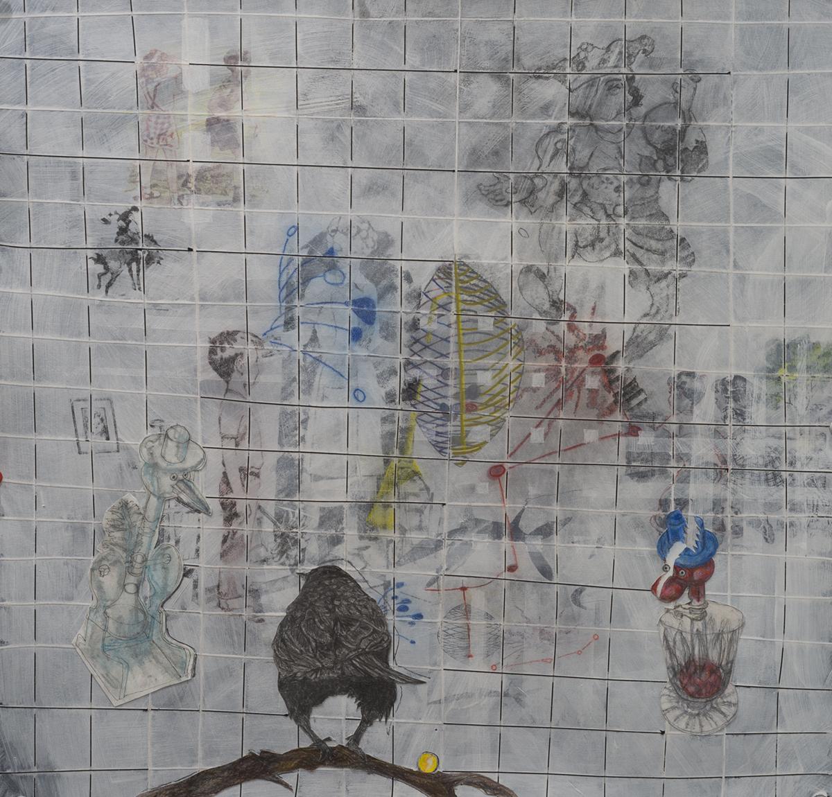 A series of enter lapping grids with birds, drawn buffoon, and children's book images with a Crow