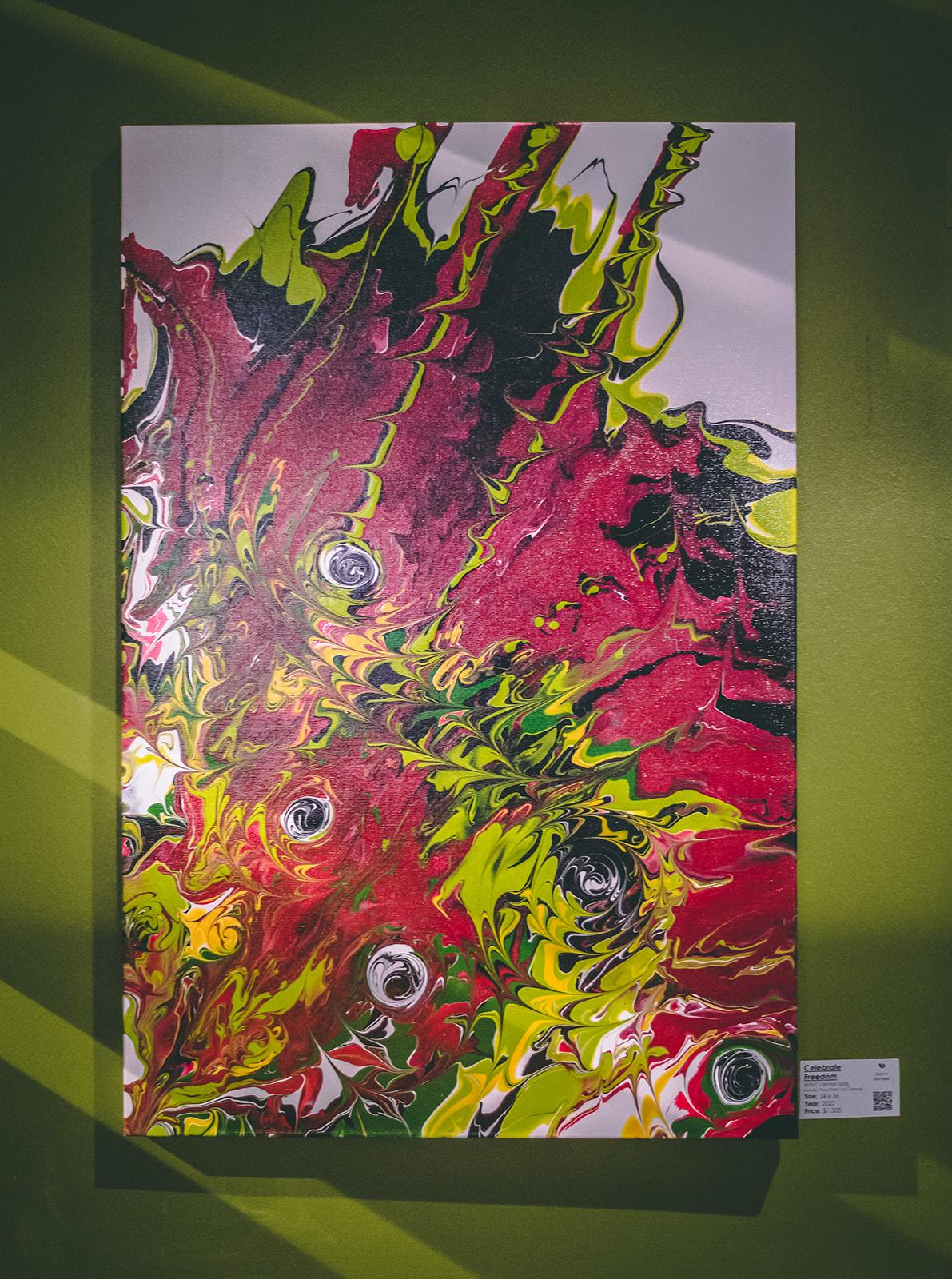 Artist, Denise N. Silas' first restaurant installation at the Bistro 64 in District Heights, MD. This fluid art painting was created in celebration of Juneteenth displaying the color palette adopted by black communities of the African Diaspora.
24 x 36 Dutch Pour on Gallery Wrapped Canvas