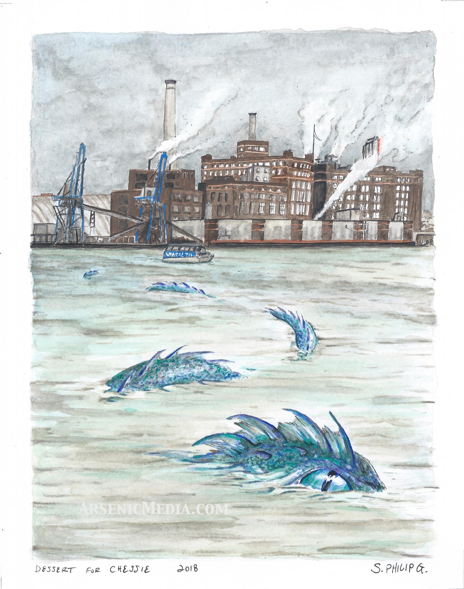 Chessie has long been Baltimores cryptozoological mascot. I love this idea and it matches with my Baltimore Monsters perfectly. I wanted to depict it with the iconic Domino Sugar factory in the background.
